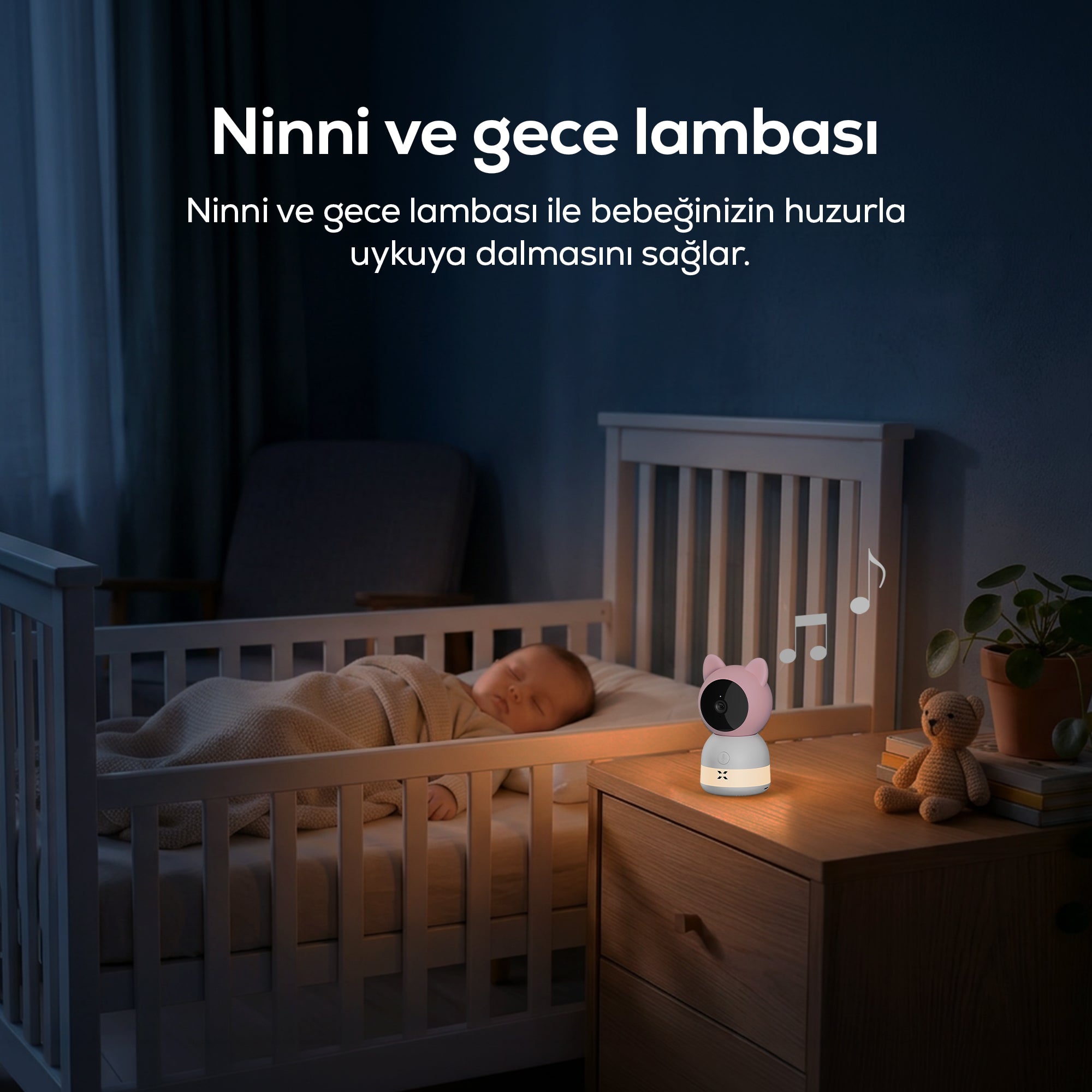 Bebek Kamerası 3MP | 5" LCD Monitör, Mobil Takip, Ağlama Algılama, 360° Gece Görüş, RGB Lambalı (Pembe-X7202)