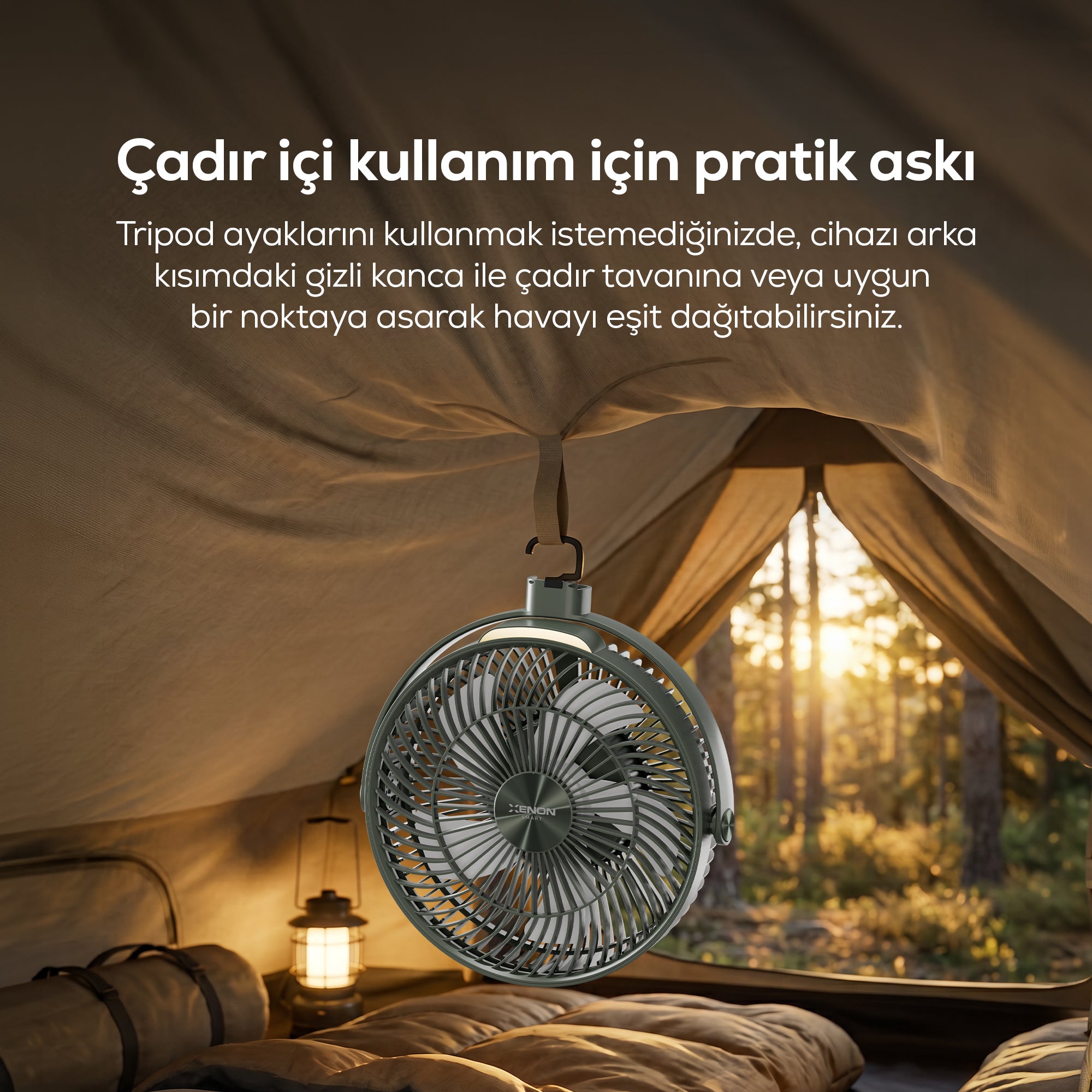 Taşınabilir Kamp Vantilatörü | 8000 mAh, Bataryalı, Tripodlu, Işıklı, Sessiz (X7434)