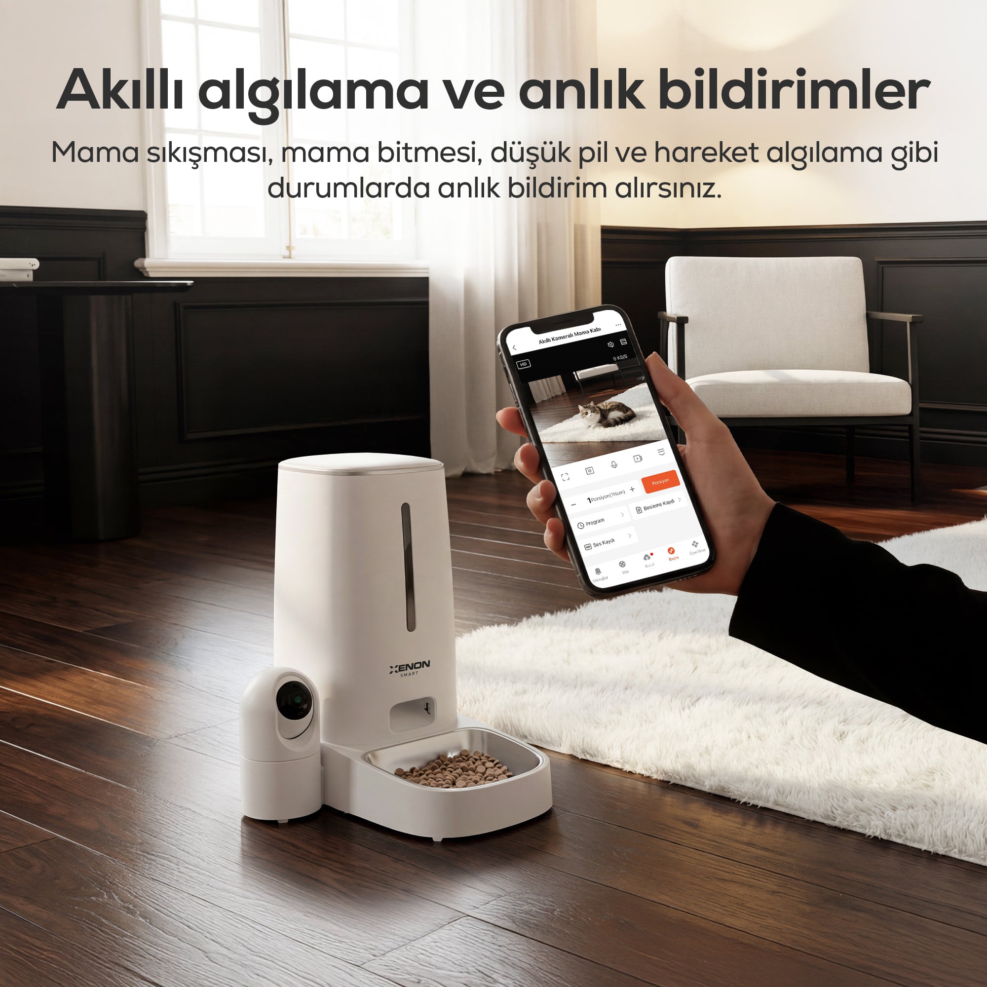Akıllı Mama Kabı (Kameralı) | 2MP Gece Görüş, WiFi Mobil Kontrol, Çelik Kase, Çift Yönlü Ses (X8610)