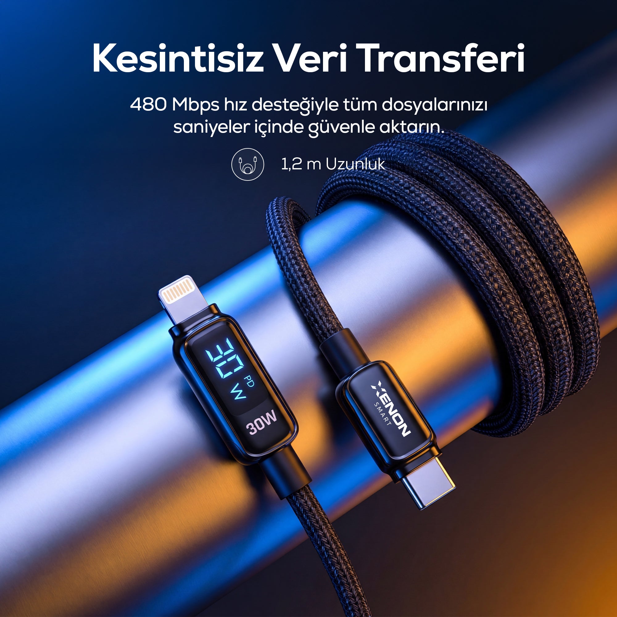 Type-C to Lightning iPhone Şarj Kablosu | 30W PD Hızlı Şarj, 1.2m, LED, Örgü, 480Mbps (X6426)