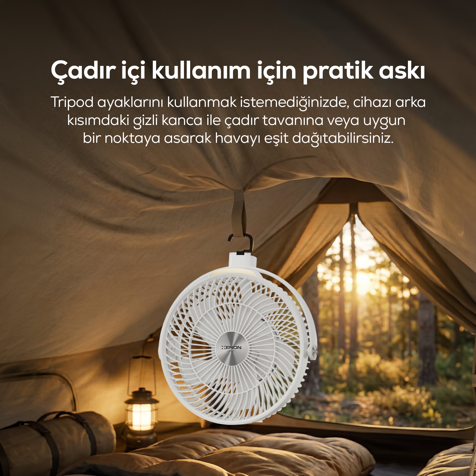 Taşınabilir Kamp Vantilatörü | 8000 mAh, Bataryalı, Tripodlu, Işıklı, Sessiz (X7434)
