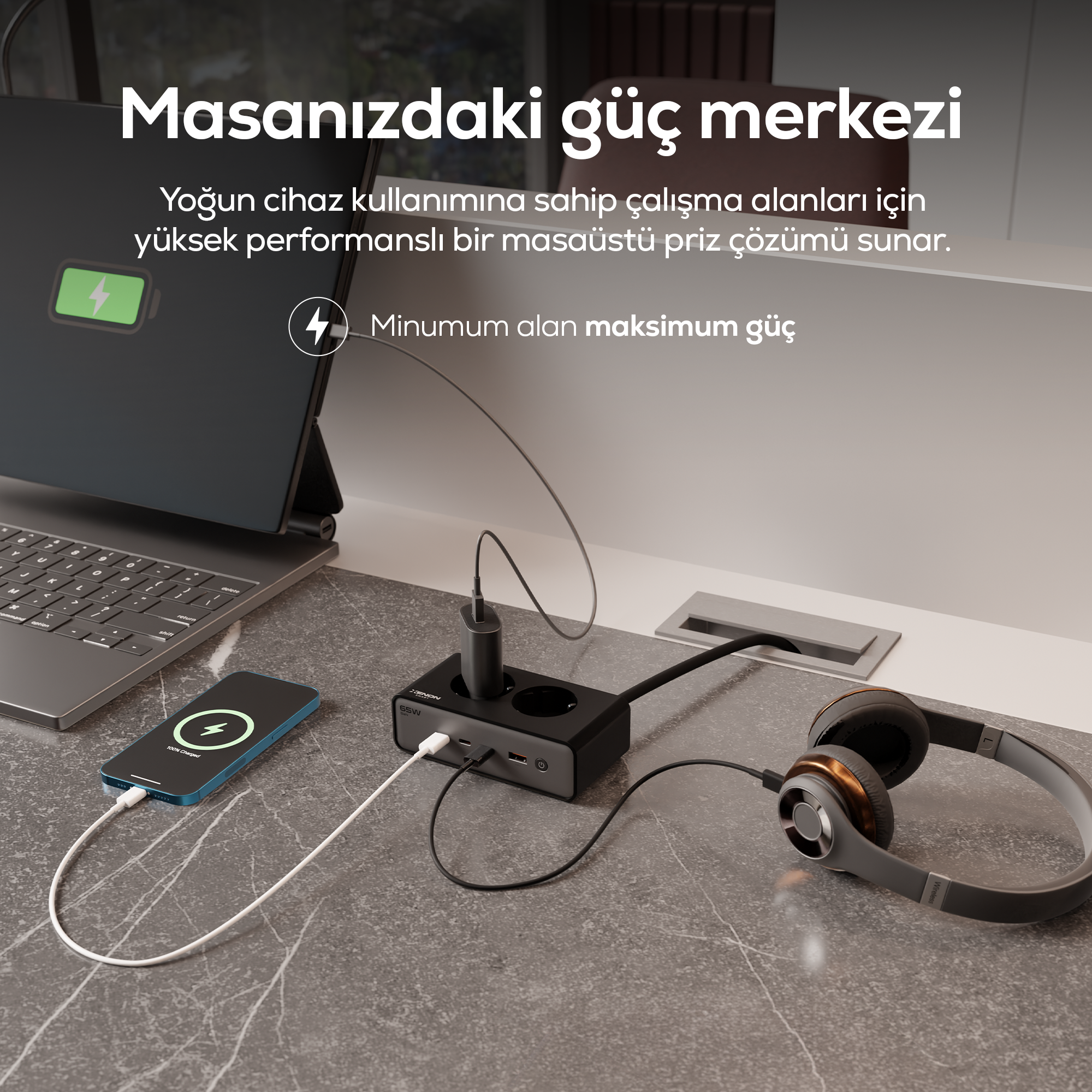 Masaüstü Priz Hızlı Şarj İstasyonu 6 in 1 | 4000W AC, 65W 3xUSB-C, 1 USB-A, 100W Type-C Kablo (X6423)