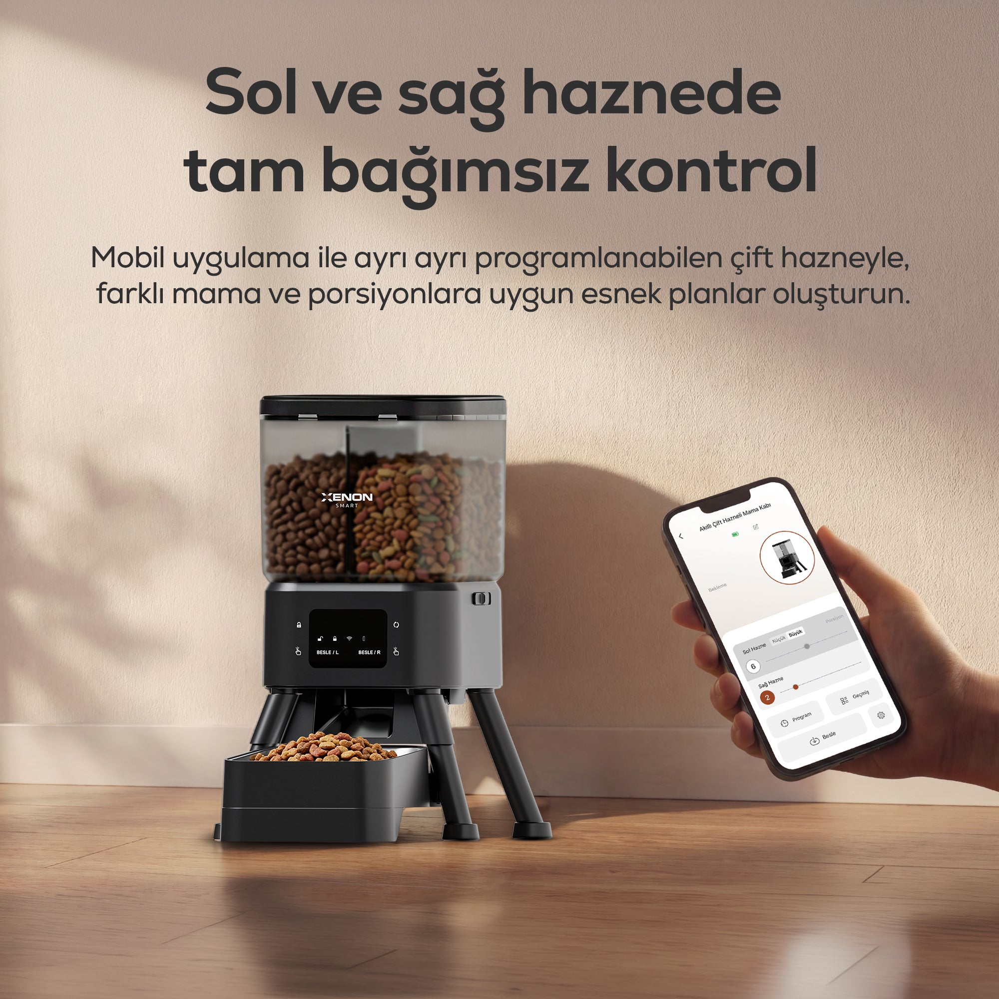 にゃんmama Akıllı Mama Kabı | Çift Hazneli, Bağımsız Kontrol, WiFi, Çelik