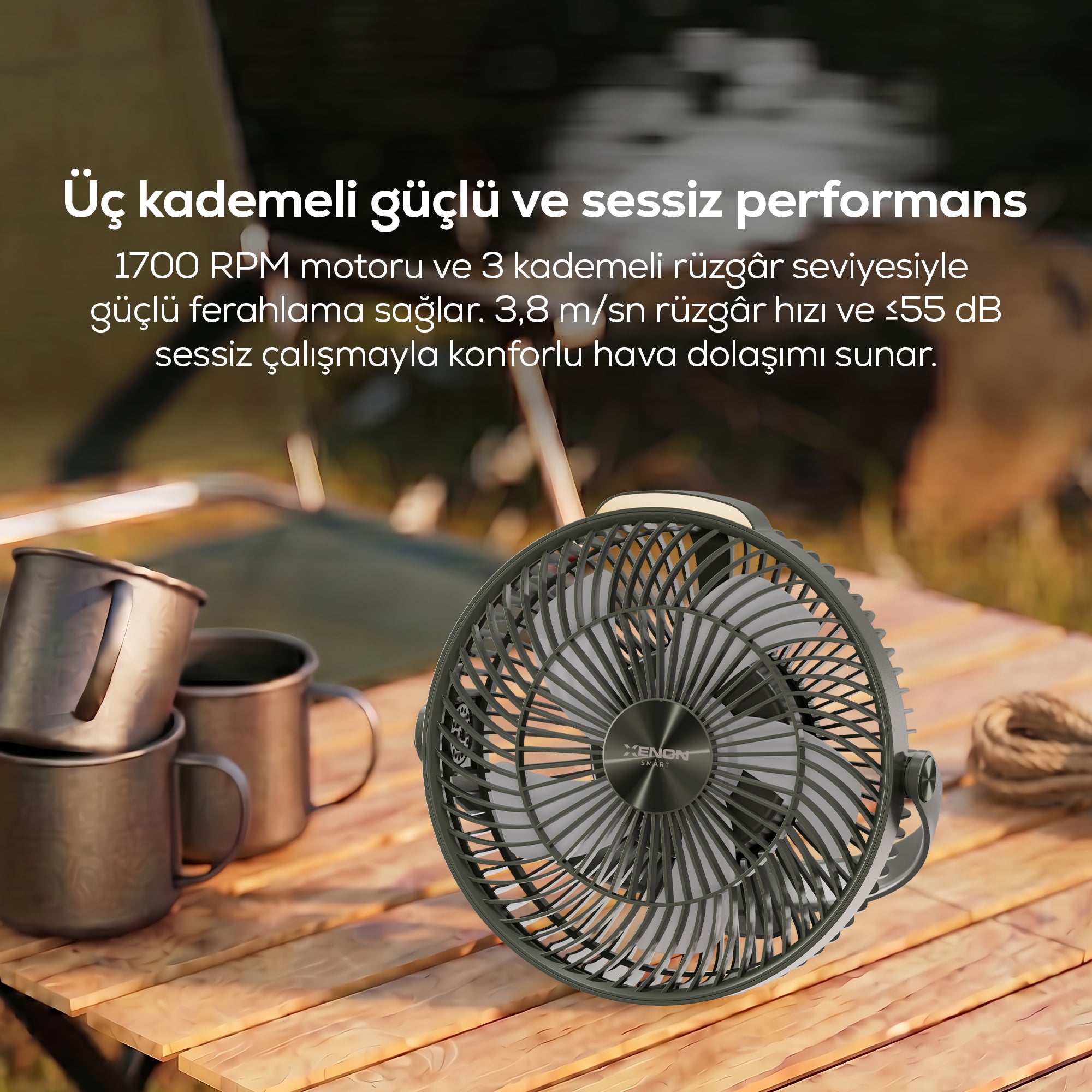 Taşınabilir Kamp Vantilatörü | 8000 mAh, Bataryalı, Tripodlu, Işıklı, Sessiz (X7434)
