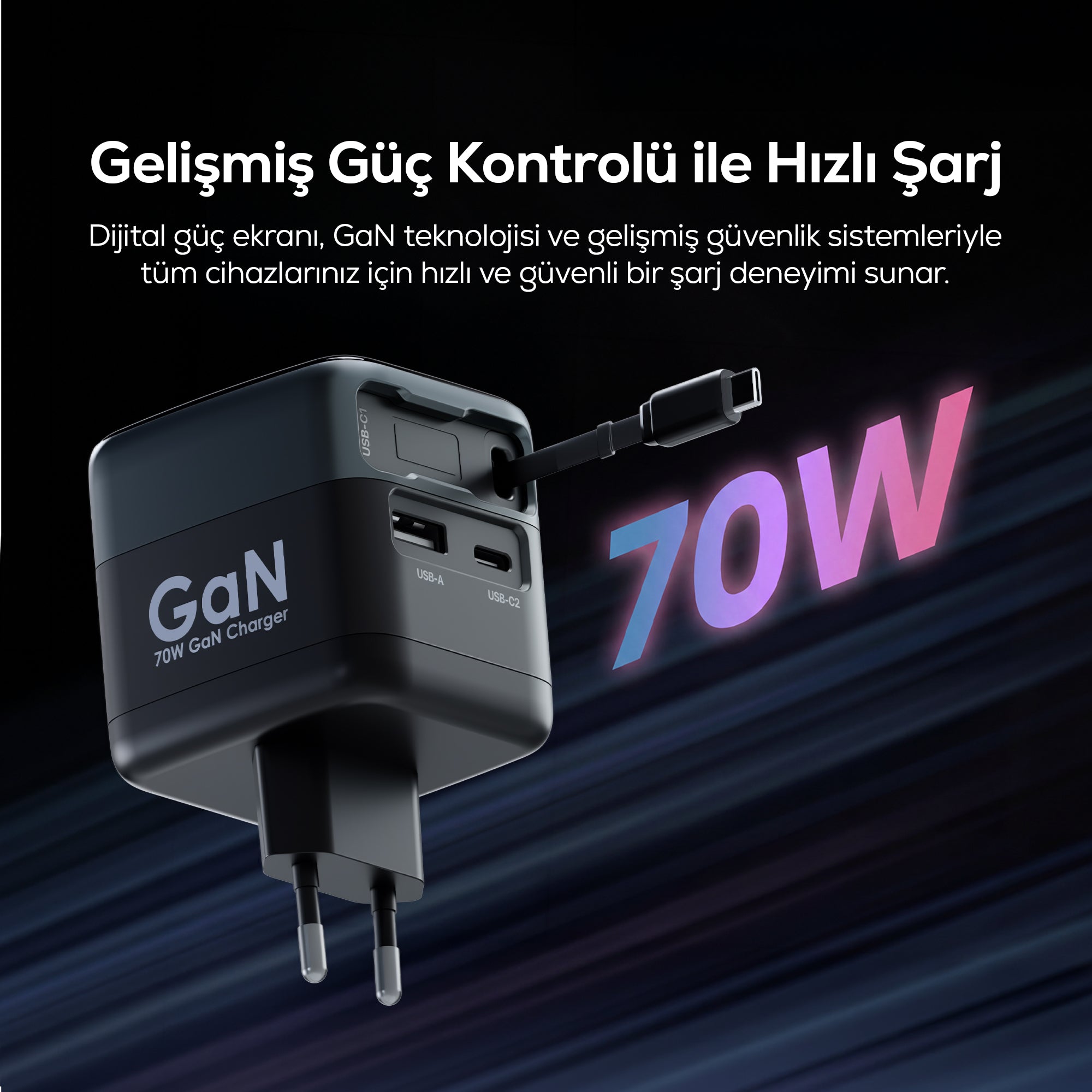 Hızlı Şarj Adaptörü | 70W, GaN, USB-C & USB-A, Dahili Type-C Kablo, PD PPS, Dijital Ekran (X6413)