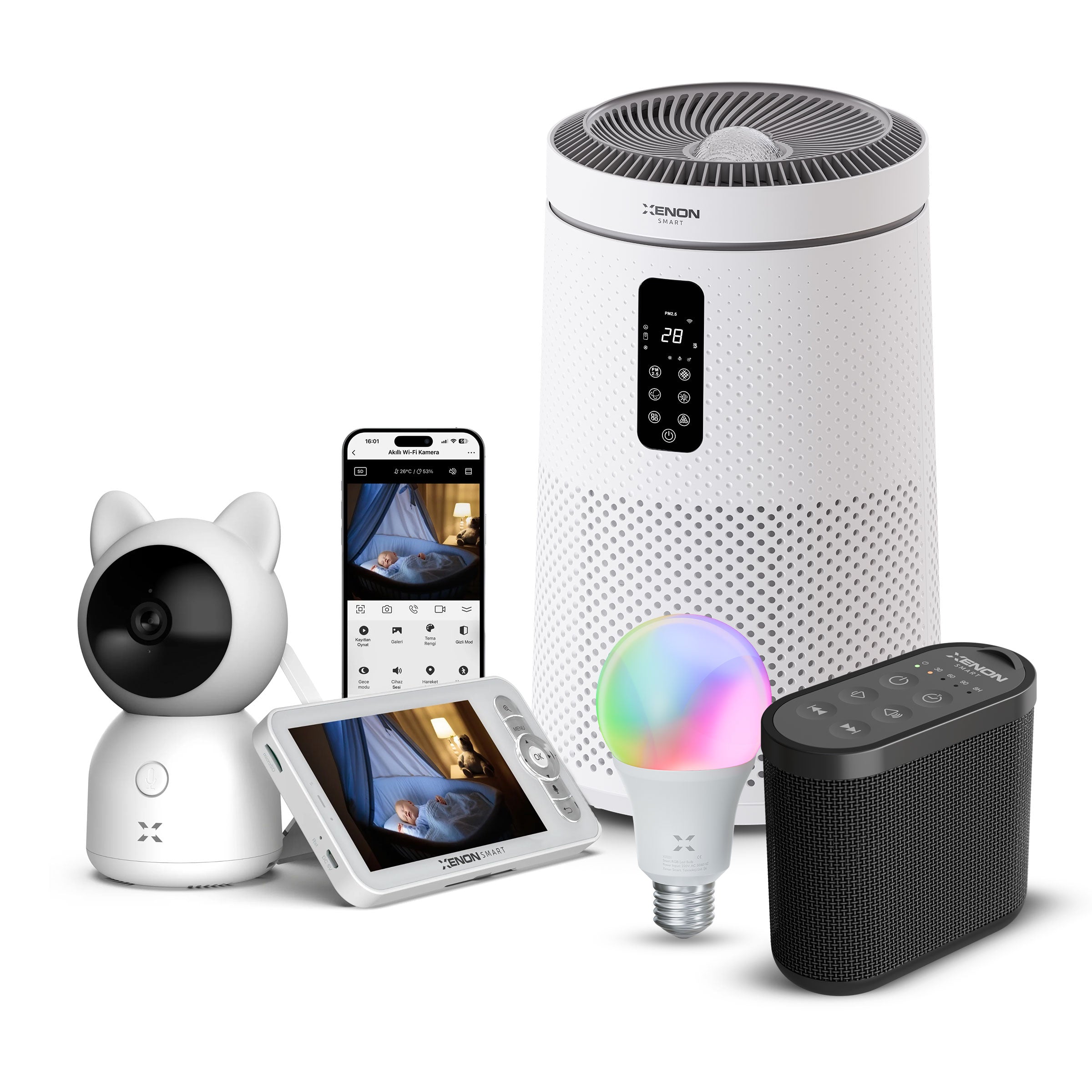 Akıllı Bebek Kamerası Hava Temizleyici (Gece Lambalı) Beyaz Gürültü (Siyah) Pış Pış Sesi Uyku Arkadaşı ve RGB Ampul Seti