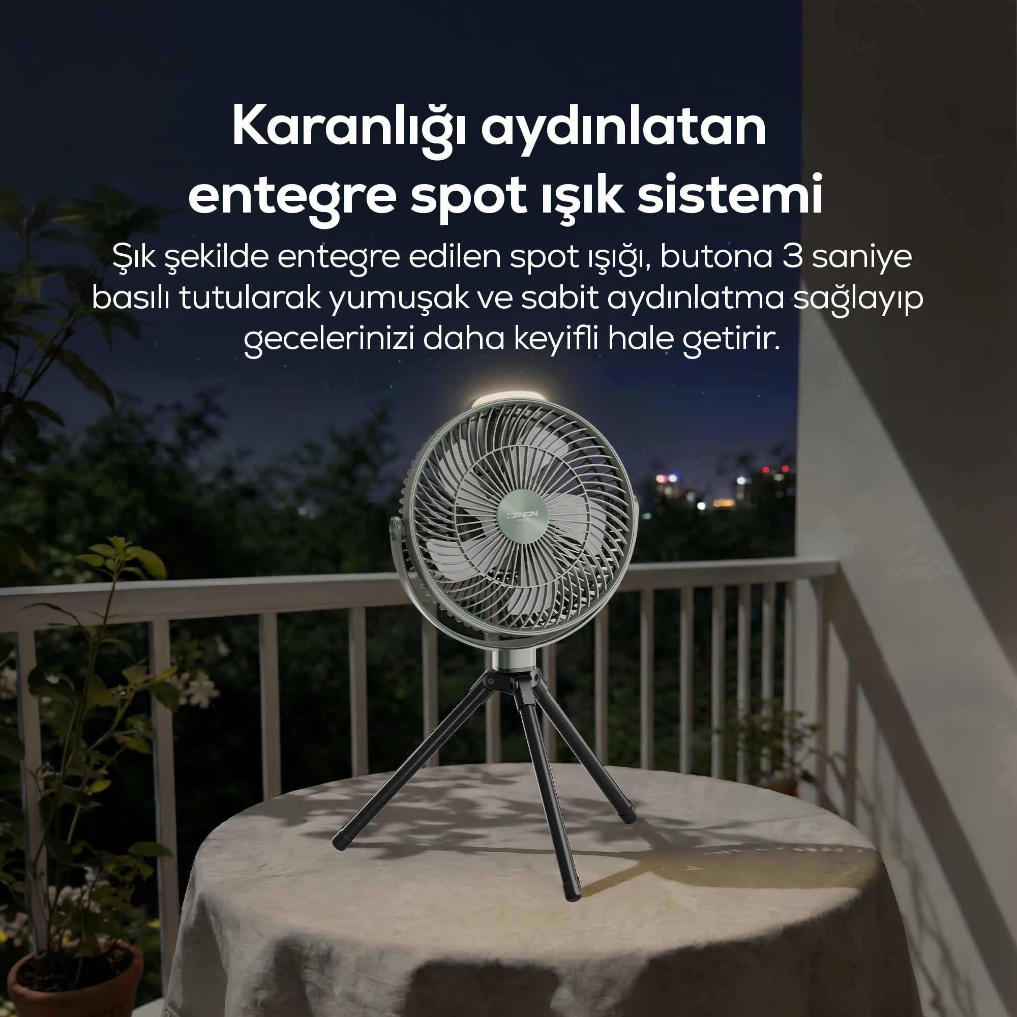 Taşınabilir Kamp Vantilatörü | 8000 mAh, Bataryalı, Tripodlu, Işıklı, Sessiz (X7434)