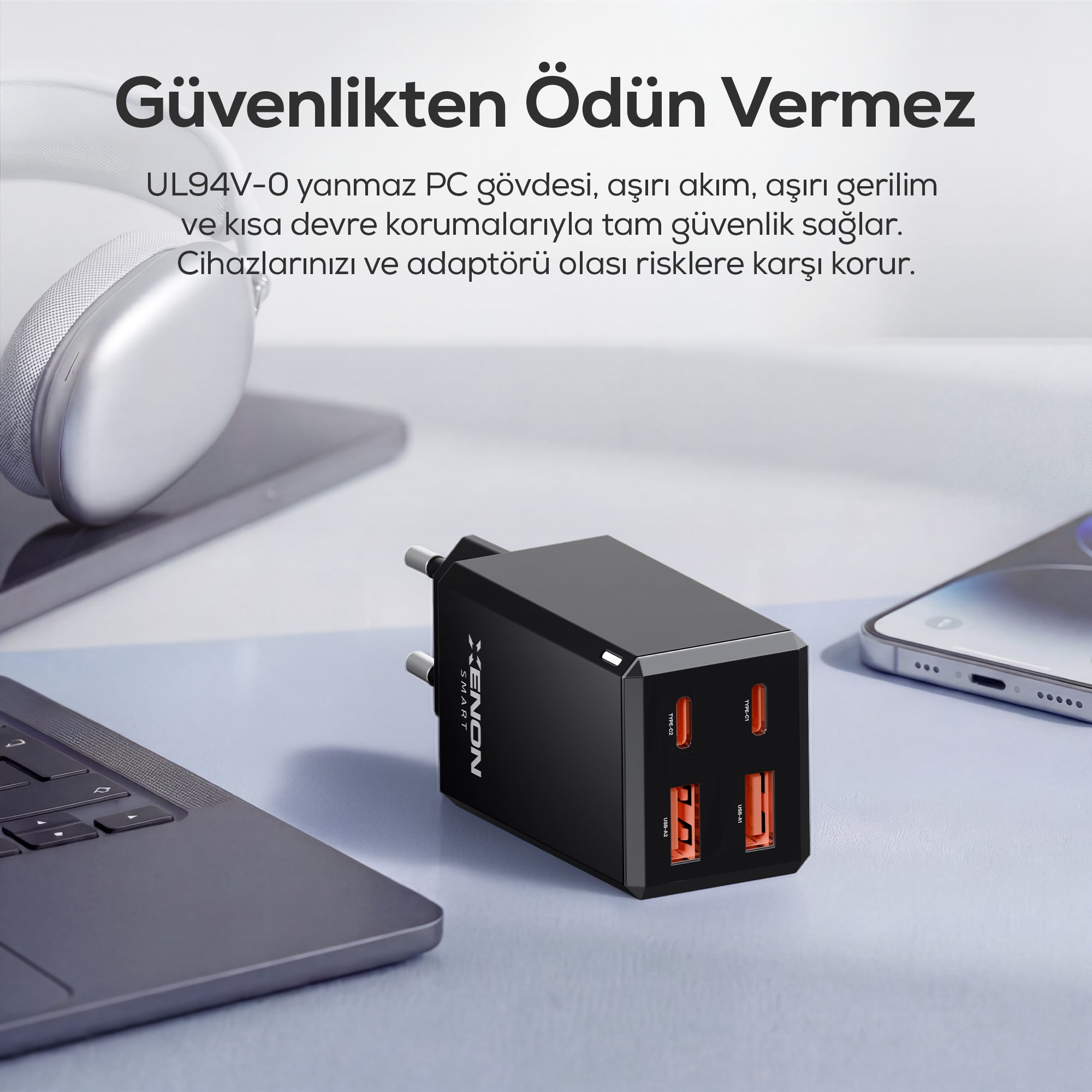 Hızlı Şarj Adaptörü 65W GaN + Type-C Kablo 100W PD | 4 Port, iPhone & Samsung Uyumlu (X6425)