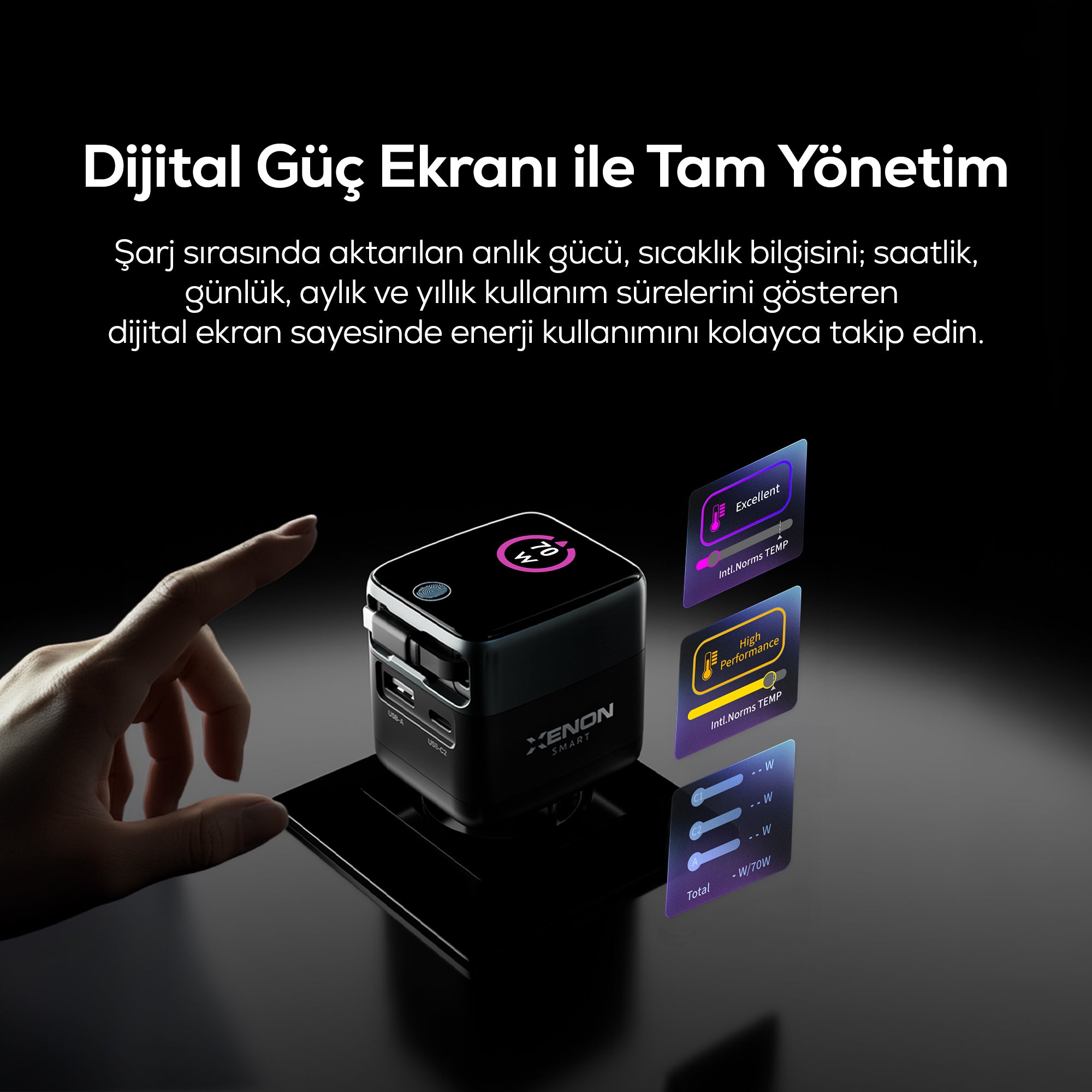 Hızlı Şarj Adaptörü | 70W, GaN, USB-C & USB-A, Dahili Type-C Kablo, PD PPS, Dijital Ekran (X6413)