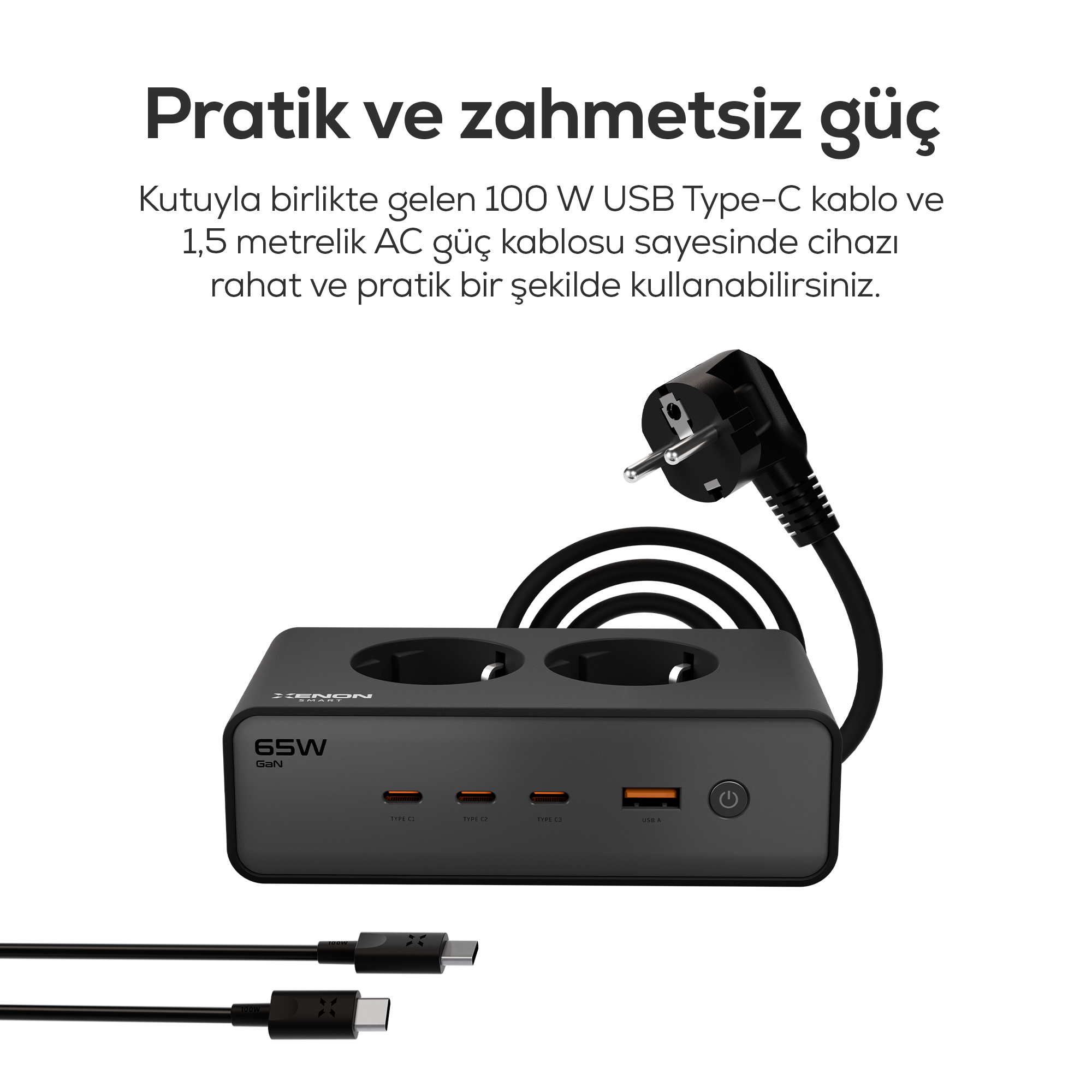 Masaüstü Priz Hızlı Şarj İstasyonu 6 in 1 | 4000W AC, 65W 3xUSB-C, 1 USB-A, 100W Type-C Kablo (X6423)