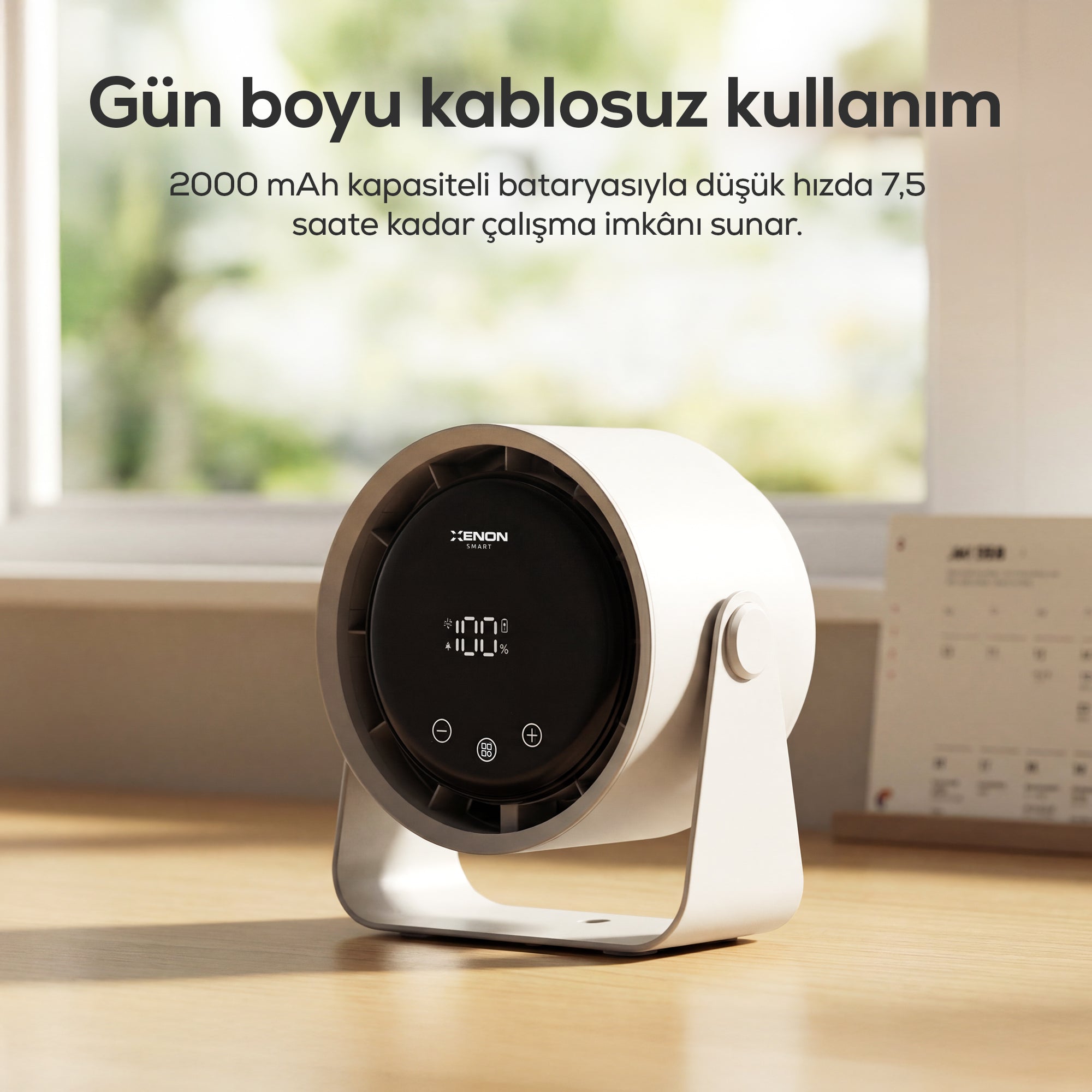 Taşınabilir Masaüstü Fanı | 100 Kademe Kontrol, Şarjlı, Dokunmatik Ekran, 2000mAh, USB-C (X6113)