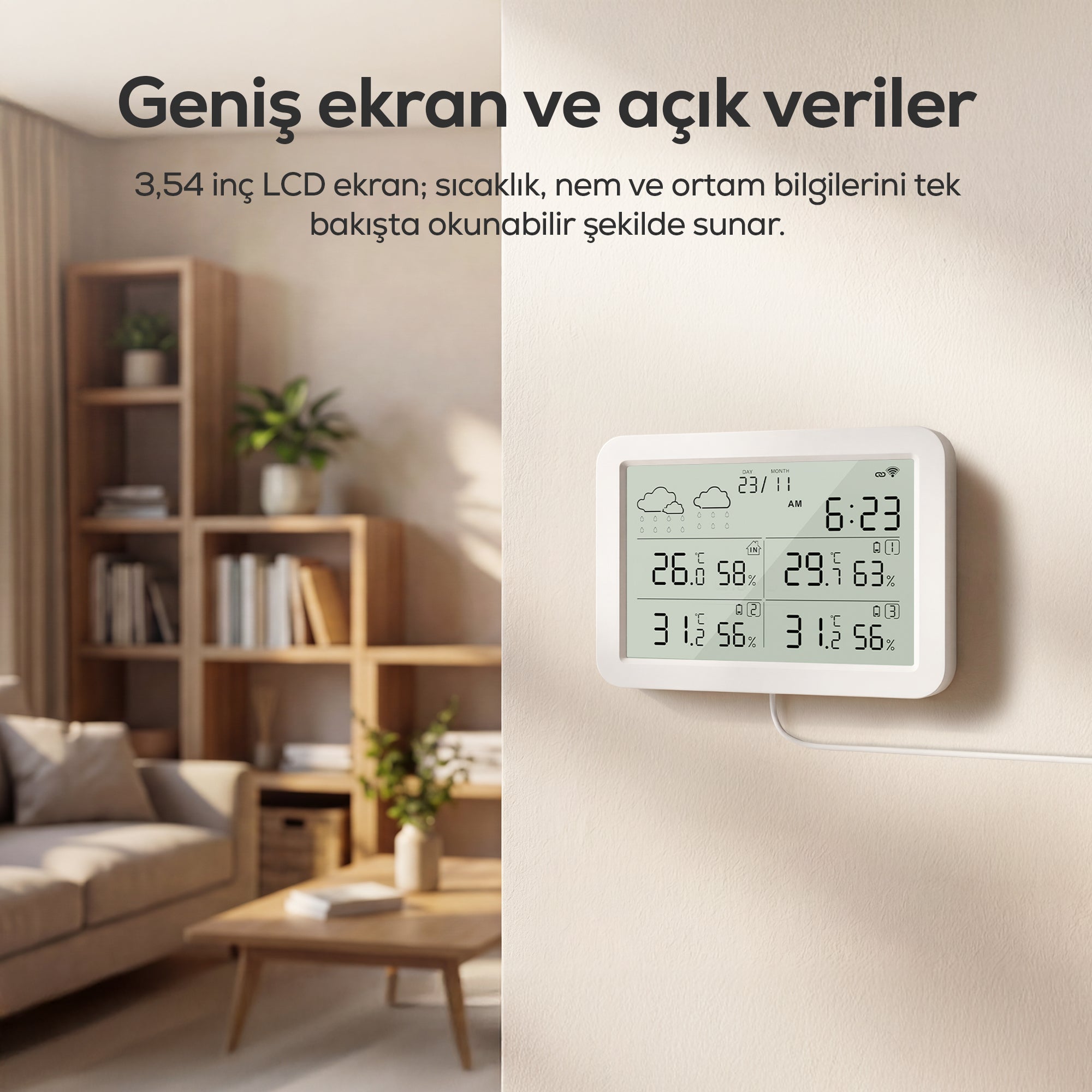 Dijital Termometre (Monitörlü) | 4 Bölge Takipli İç-Dış Mekan, WiFi, Akıllı İklim Sensörü (X7510)