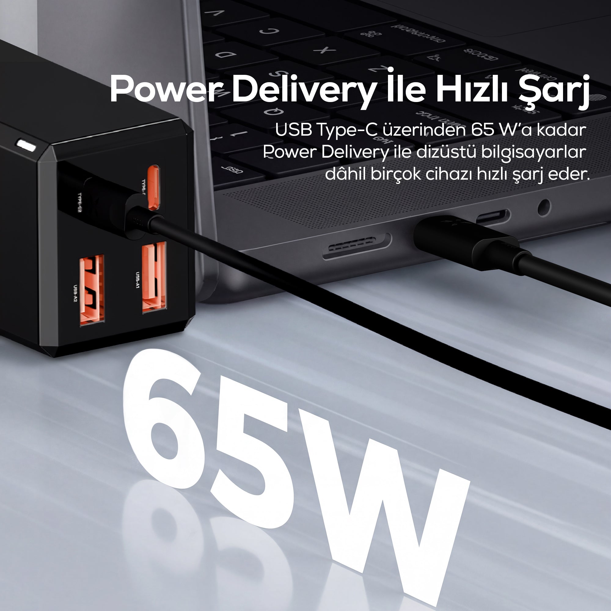 Hızlı Şarj Adaptörü 65W GaN + Type-C Kablo 100W PD | 4 Port, iPhone & Samsung Uyumlu (X6425)