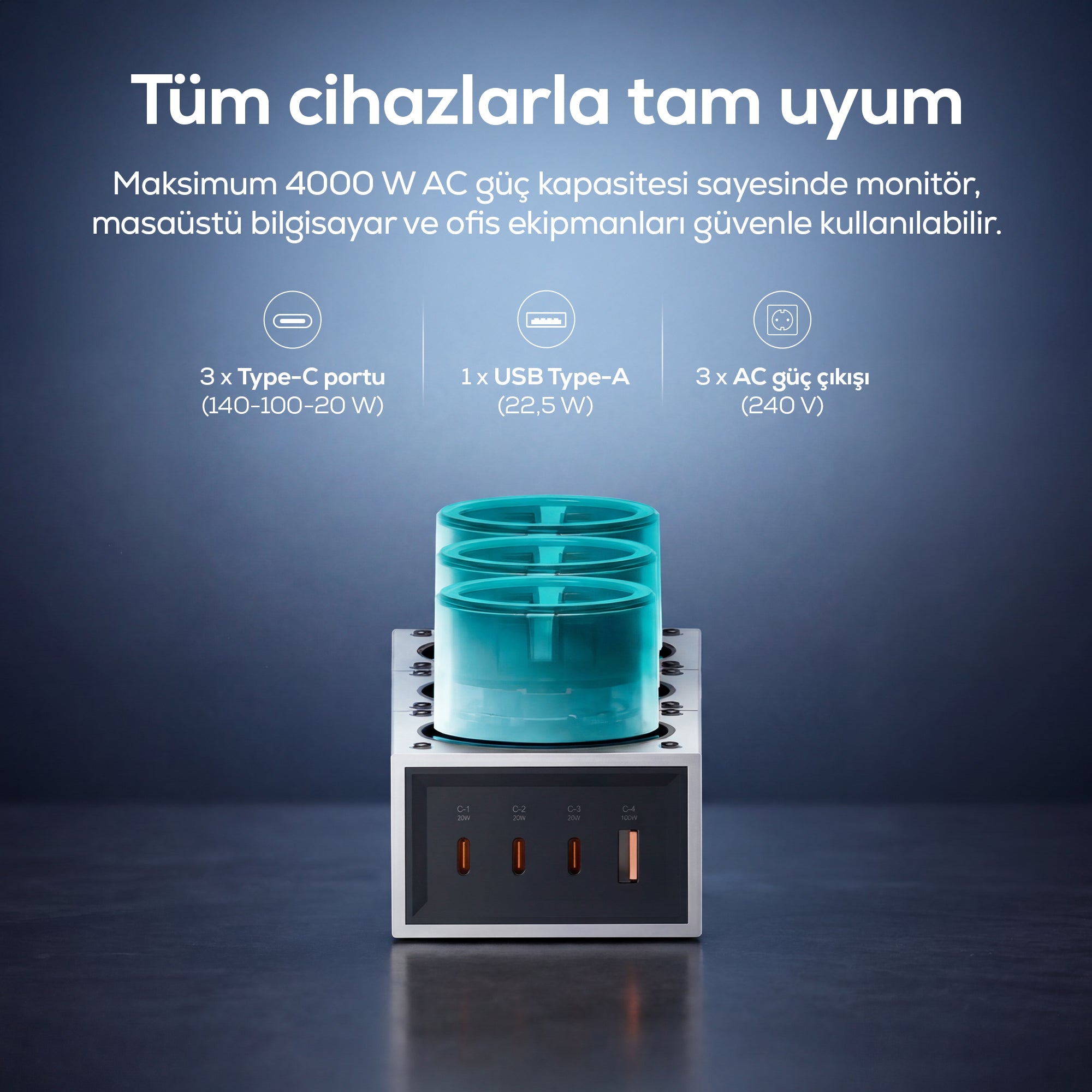 Masaüstü Priz Hızlı Şarj İstasyonu 7 in 1 | 3x 4000W AC, 140W 3xUSB-C, 1 USB-A, 100W Kablo (X6424)