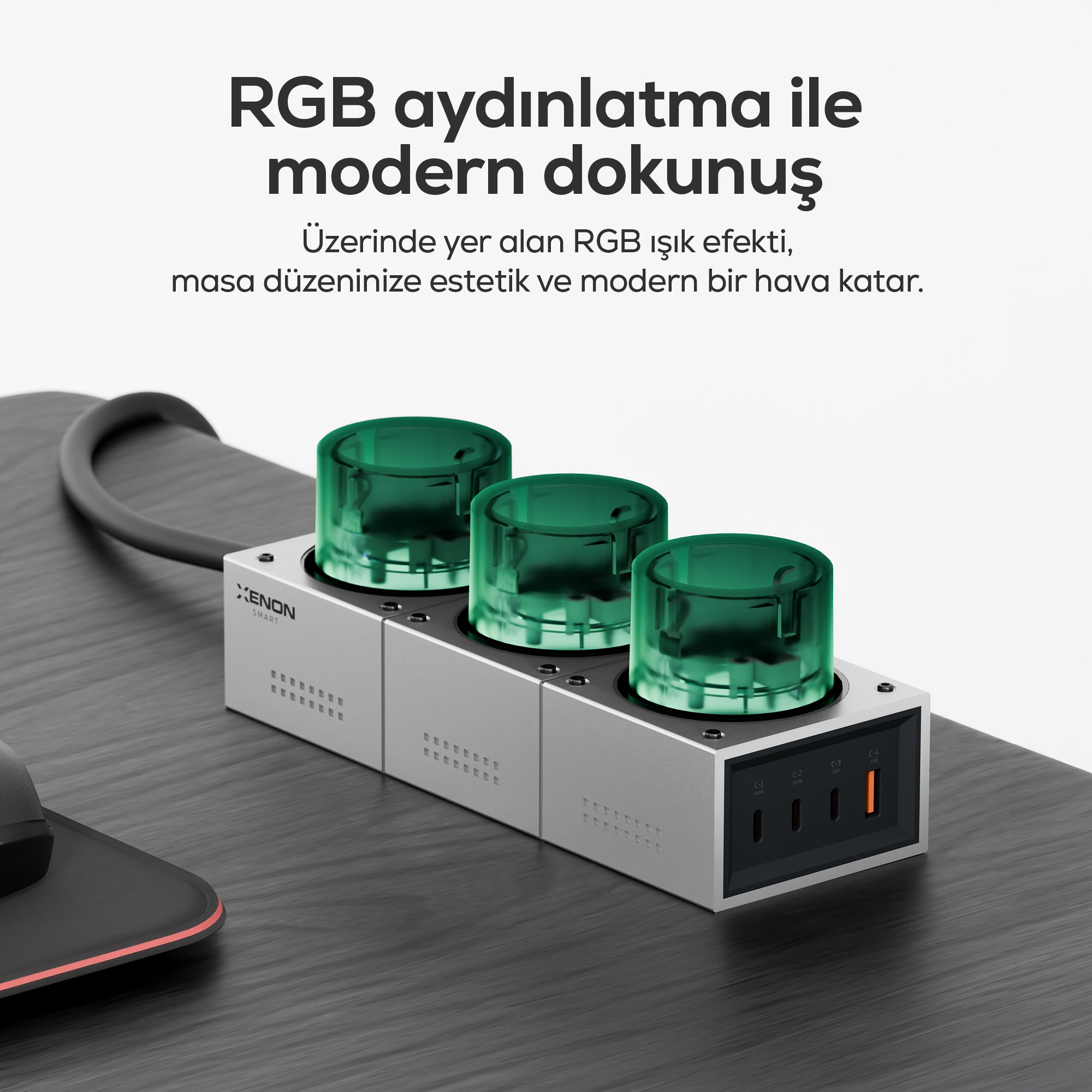 Masaüstü Priz Hızlı Şarj İstasyonu 7 in 1 | 3x 4000W AC, 140W 3xUSB-C, 1 USB-A, 100W Kablo (X6424)