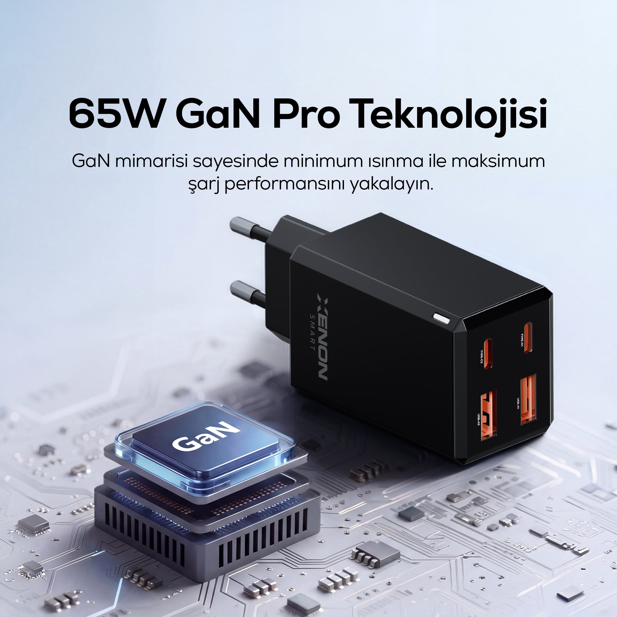 Hızlı Şarj Adaptörü 65W GaN + Type-C Kablo 100W PD | 4 Port, iPhone & Samsung Uyumlu (X6425)