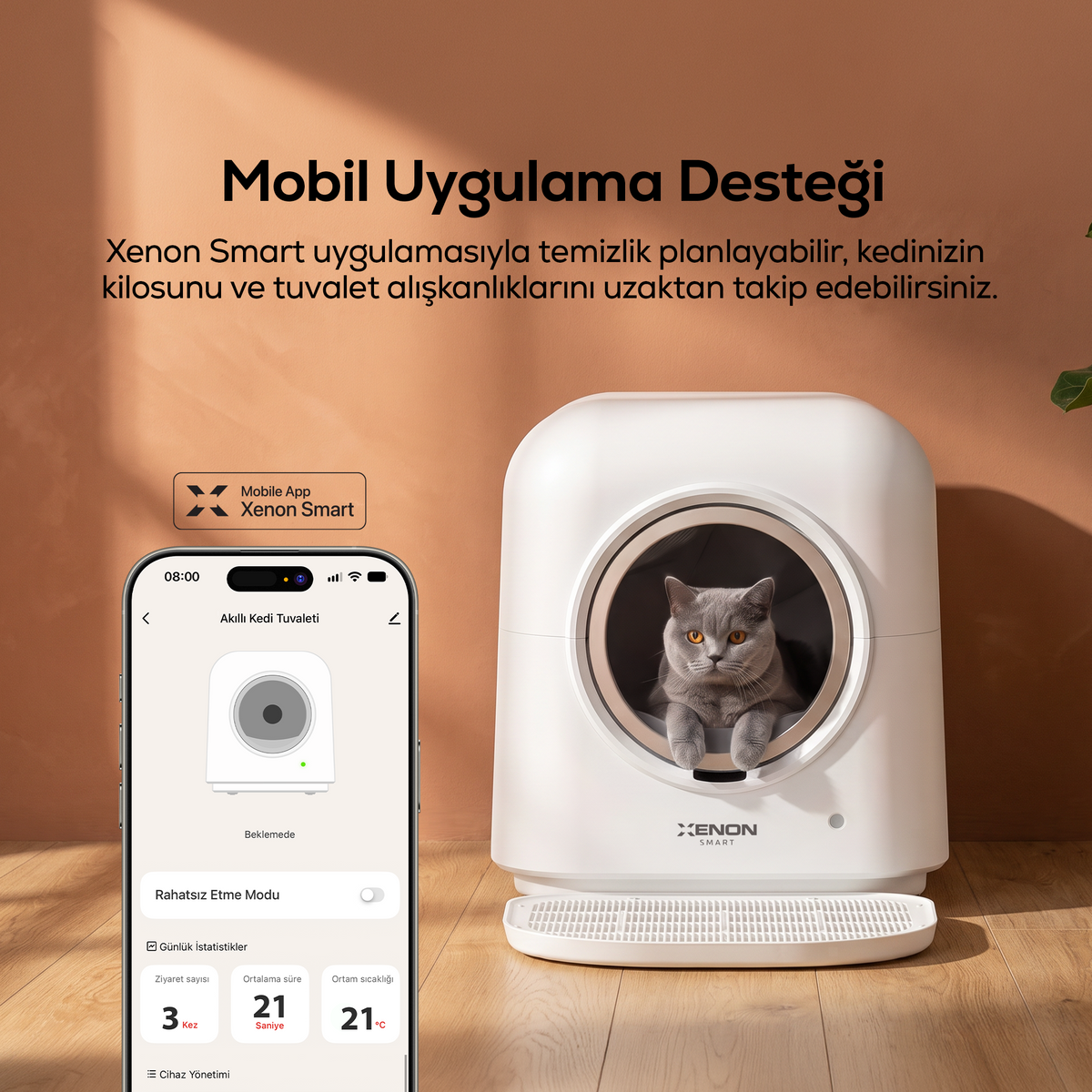 Kedi Tuvaleti | 60L, PIR Hareket Sensörü, Mobil Kontrol, UV, Akıllı Kedi Tuvaleti (X8620)