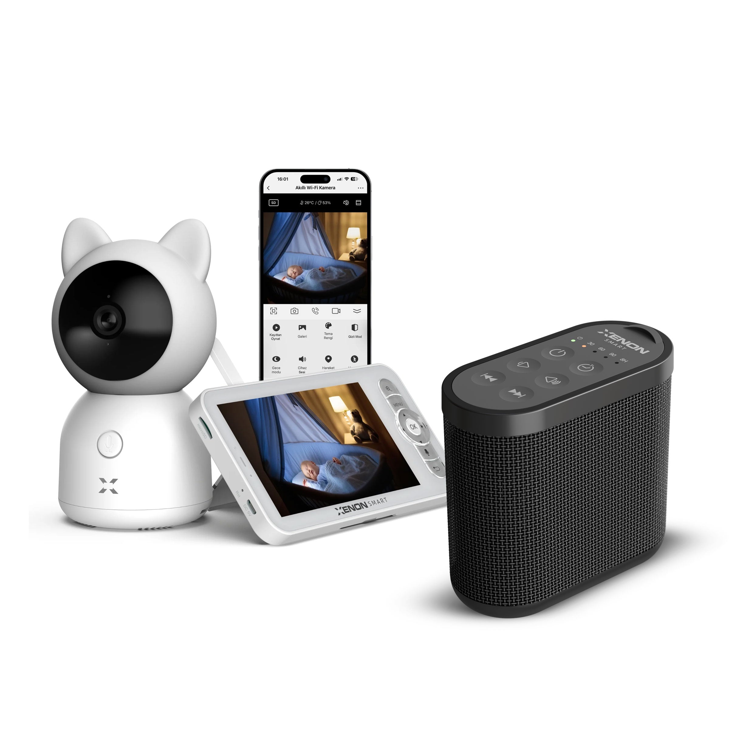 Akıllı Monitörlü Bebek Kamerası ve Beyaz Gürültü Pış Pış Sesi Bebek Uyku Arkadaşı Seti (Siyah)