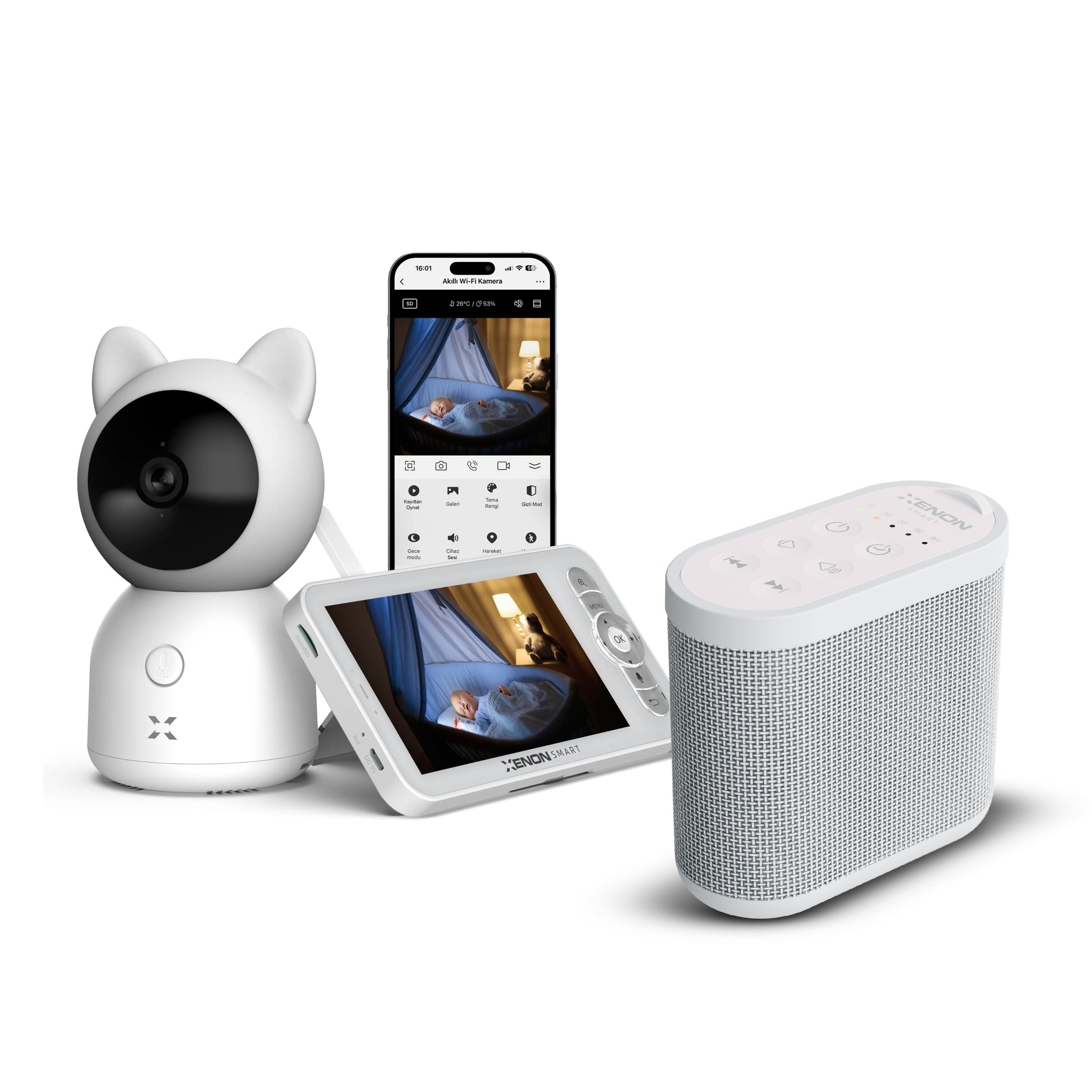 Akıllı Monitörlü Bebek Kamerası ve Beyaz Gürültü Pış Pış Sesi Bebek Uyku Arkadaşı Seti (Beyaz)