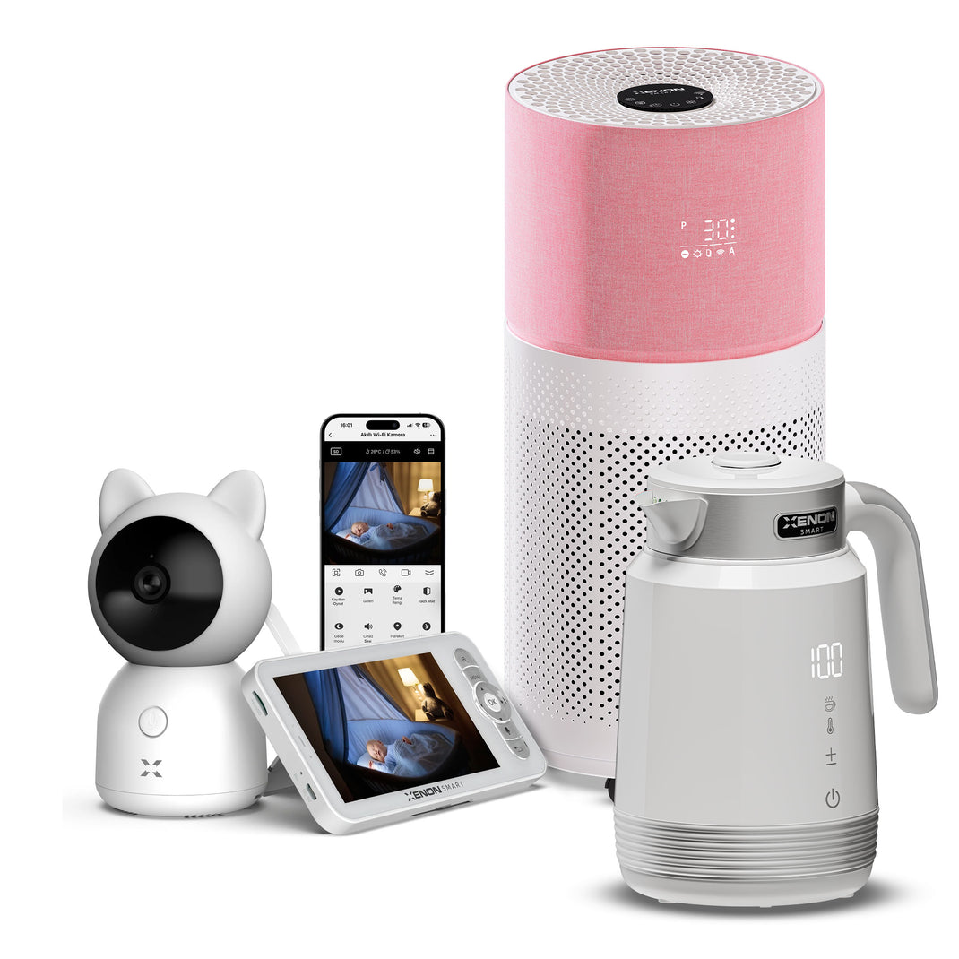 Bebek Kamerası (Ekranlı), Hava Temizleyici (Pembe) ve Akıllı Kettle | 3'lü Set, Wifi, Mobil Kontrol