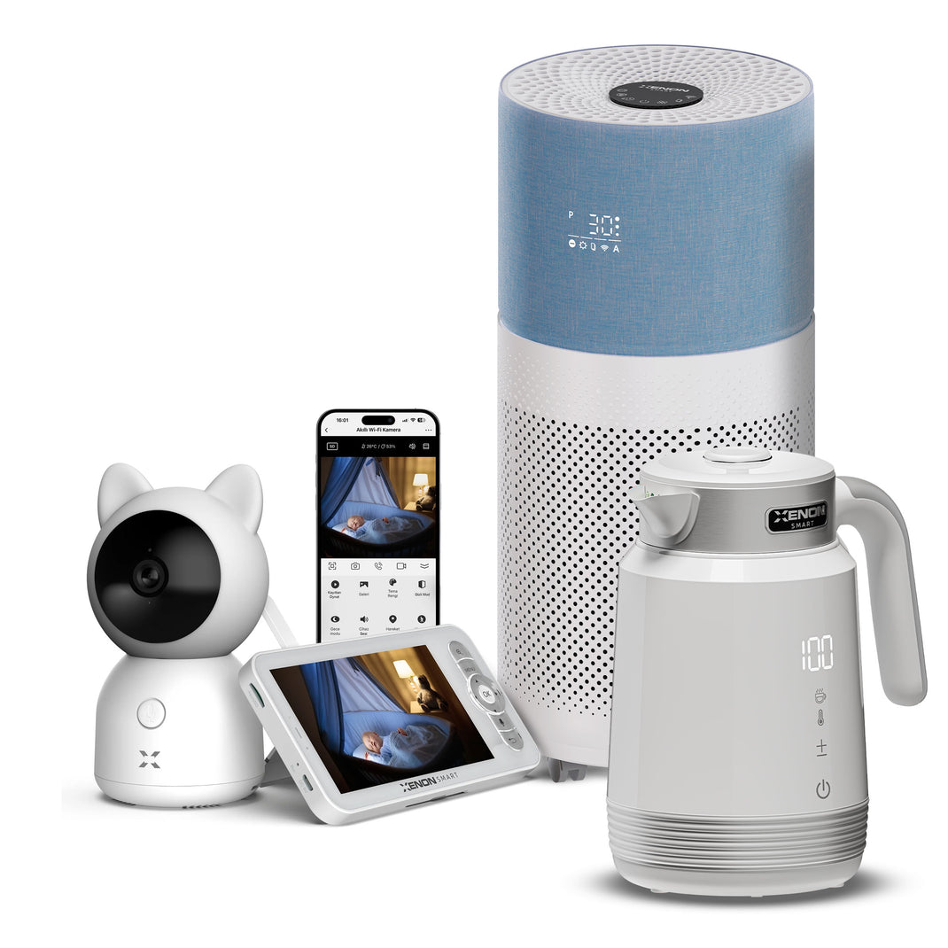 Bebek Kamerası (Ekranlı), Hava Temizleyici (Mavi) ve Akıllı Kettle | 3'lü Set, Wifi, Mobil Kontrol