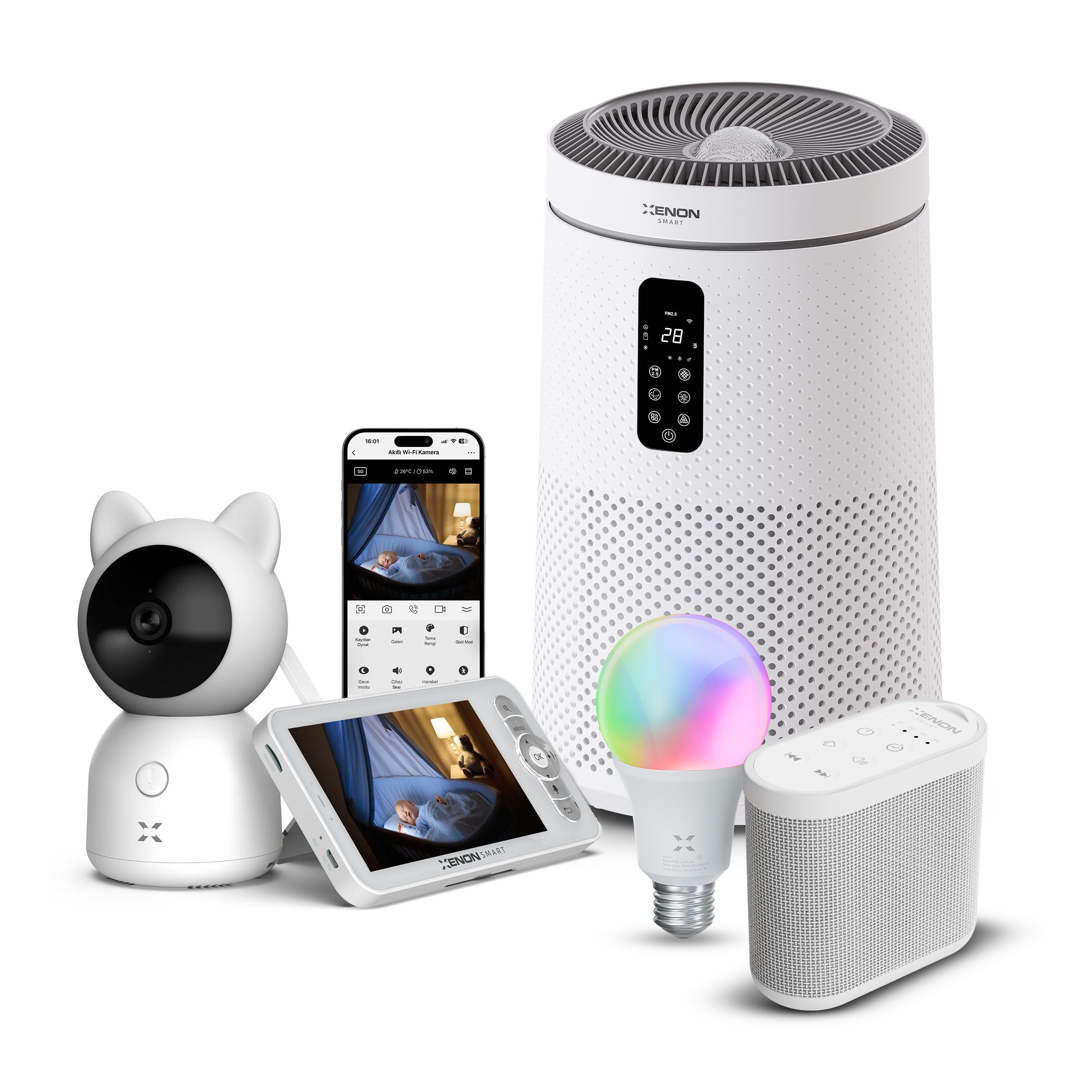 Akıllı Bebek Kamerası Hava Temizleyici (Gece Lambalı) Beyaz Gürültü Pış Pış Sesi Uyku Arkadaşı ve RGB Ampul Seti