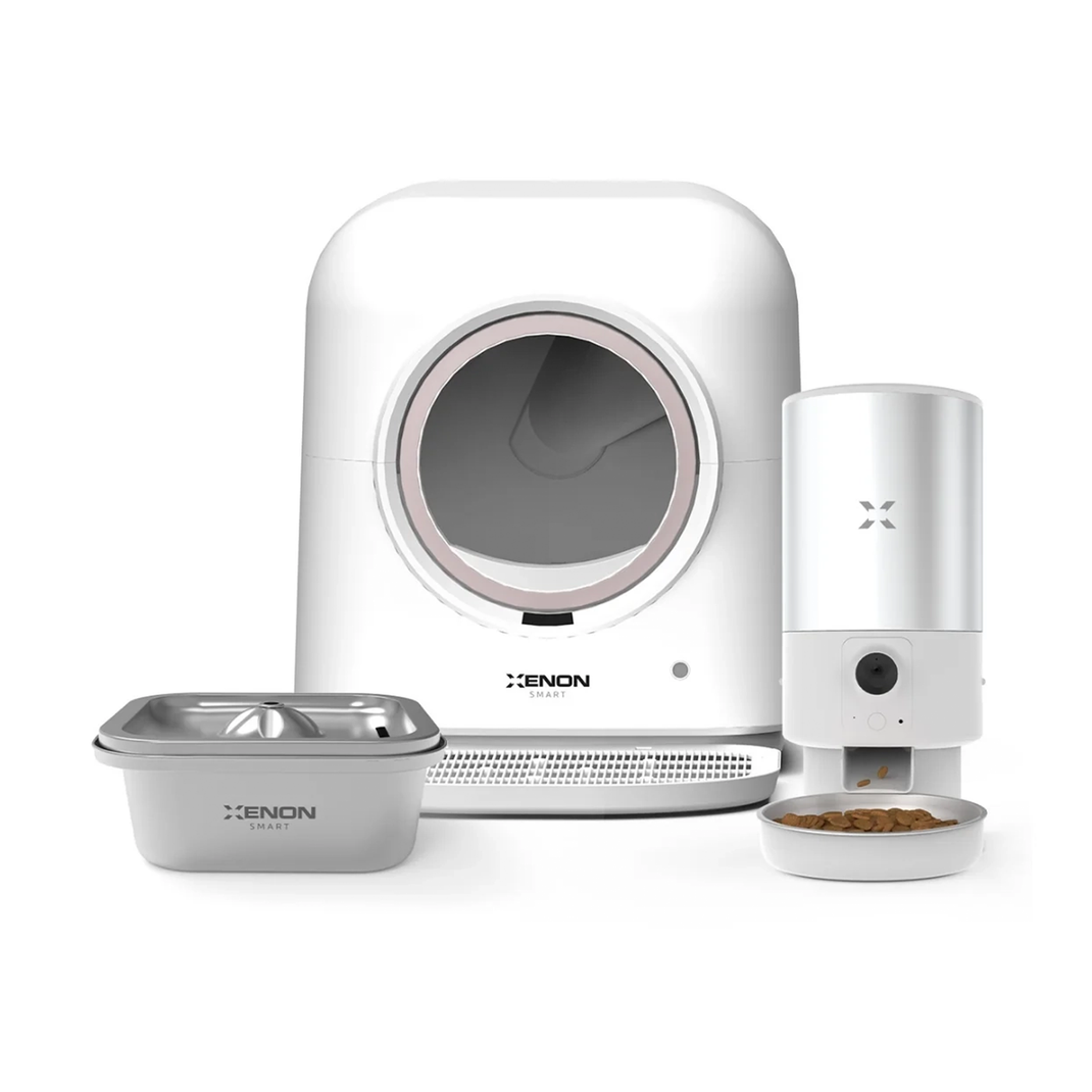 Xenon Smart Otomatik Kedi Tuvaleti, Otomatik Mama Kabı (Kameralı) ve Kedi Su Pınarı (Çelik) — 3'lü Set