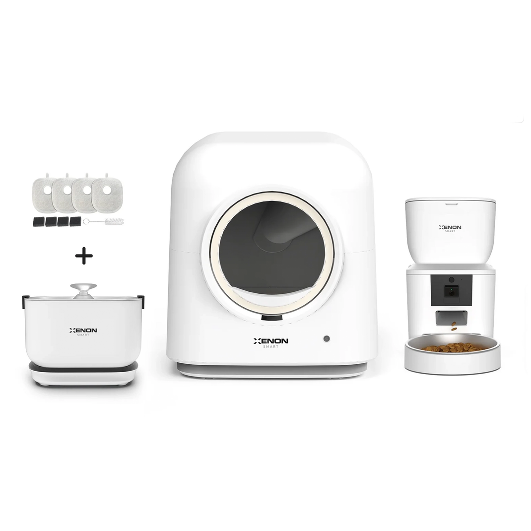 Otomatik Kedi Tuvaleti 60L, Mama Kabı (Kameralı), Su Pınarı (Kablosuz) ve Filtre | 4'lü Set