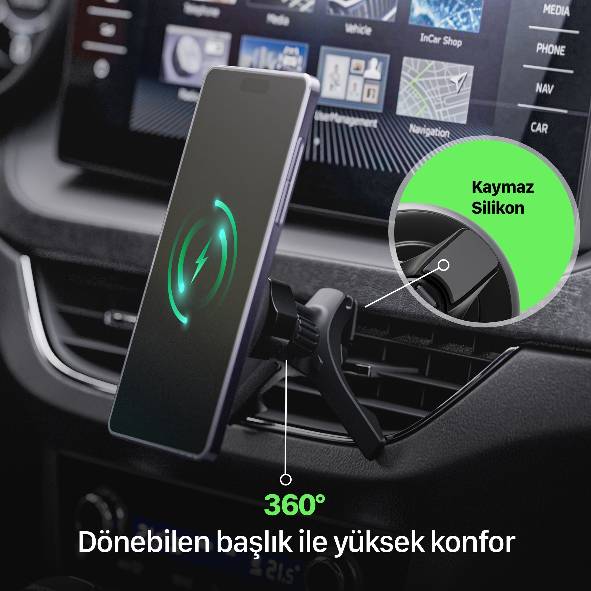 Araç İçi Kablosuz Şarj ve Telefon Tutucu