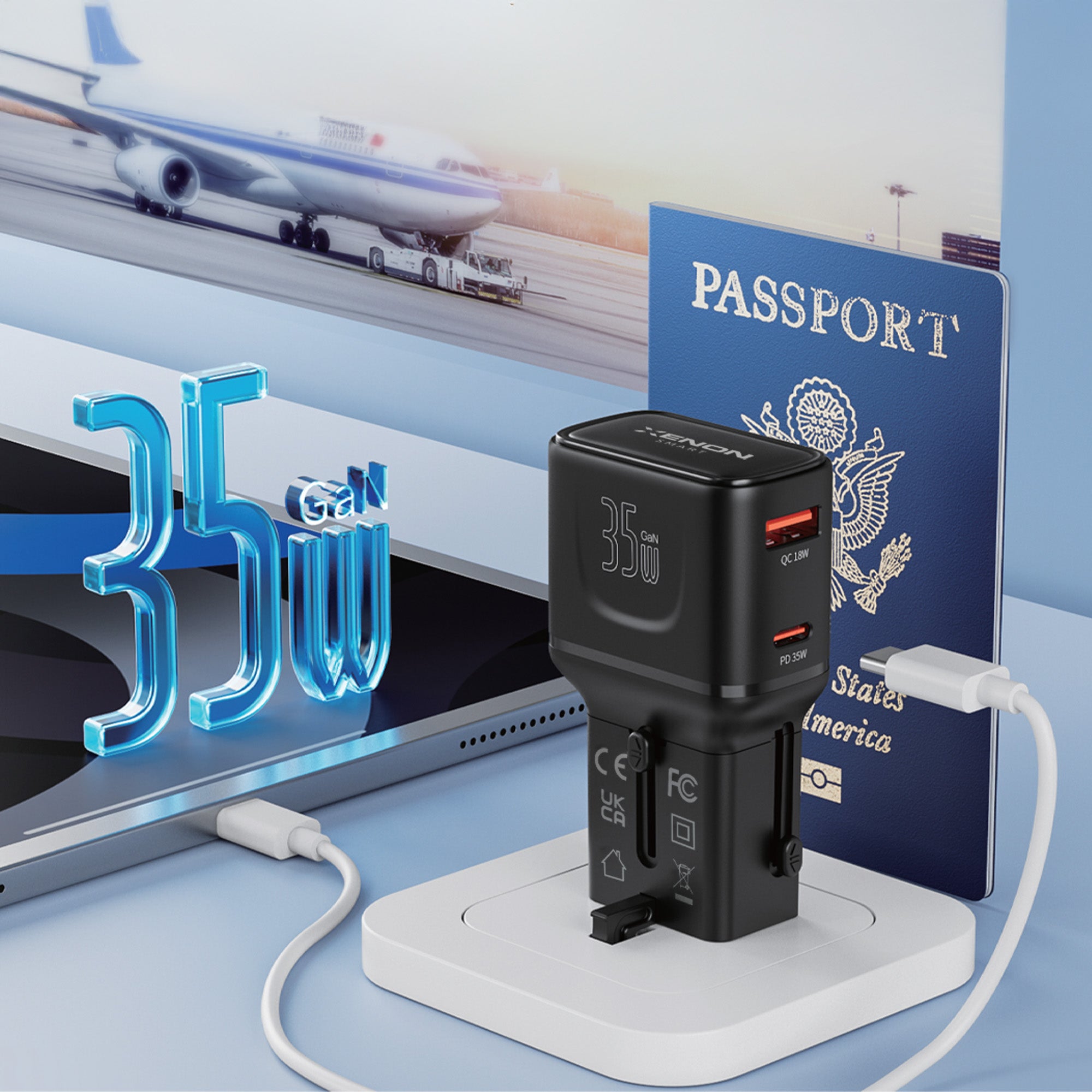 Priz Dönüştürücü | 35W GaN Hızlı Şarj, 200+ Ülke, USB-C & USB-A, PD PPS, Seyahat Adaptörü (X6407)