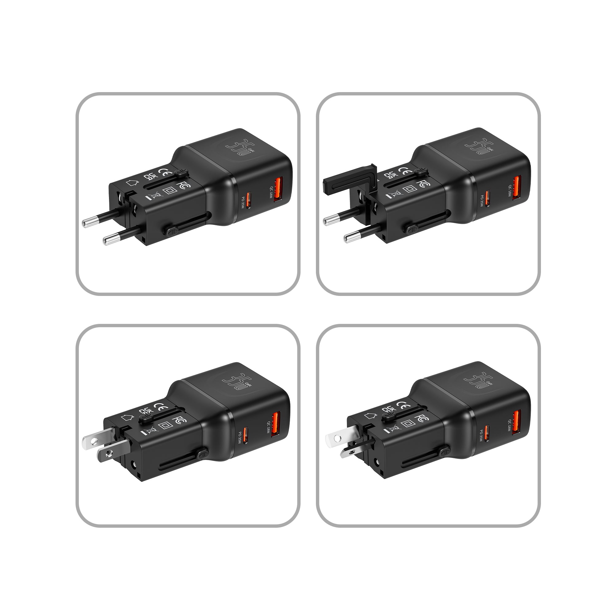 Priz Dönüştürücü | 35W GaN Hızlı Şarj, 200+ Ülke, USB-C & USB-A, PD PPS, Seyahat Adaptörü (X6407)