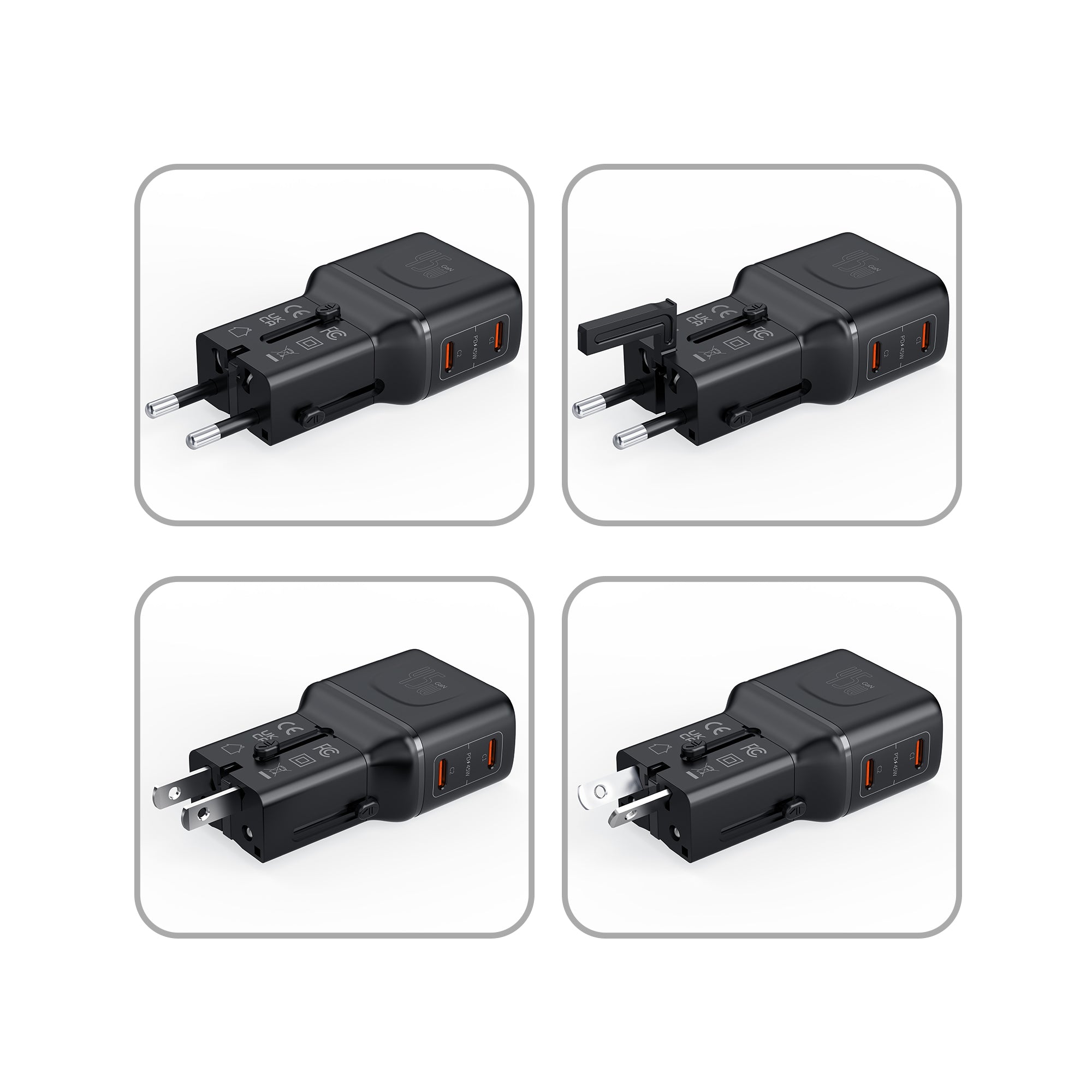 Priz Dönüştürücü | 45W GaN Hızlı Şarj, 200+ Ülke, 2x USB-C, PD PPS, Seyahat Adaptörü (X6409)
