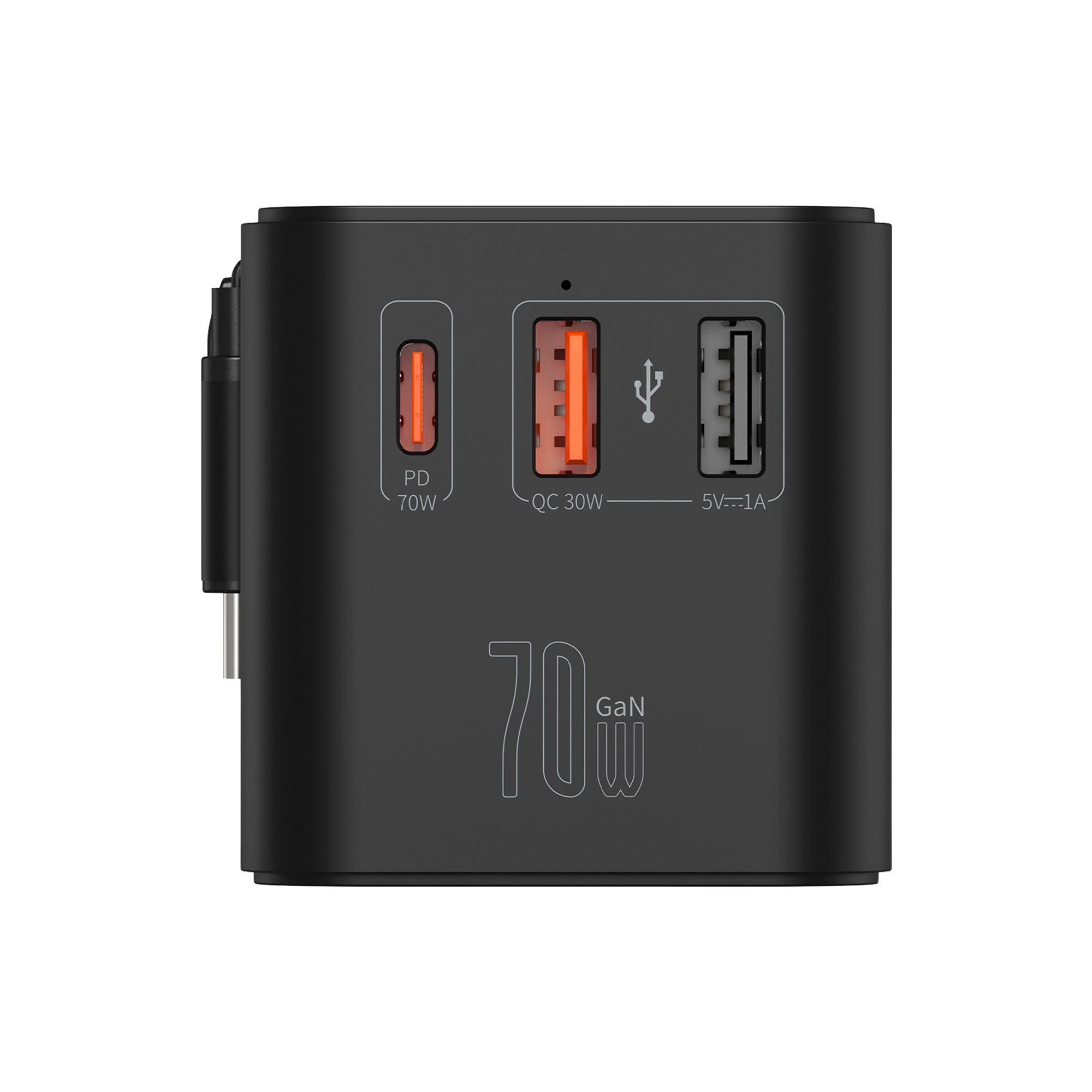 Priz Dönüştürücü | 70W GaN Hızlı Şarj, 200+ Ülke, Dahili USB-C Kablo, USB-C, 2x USB-A (X6411)