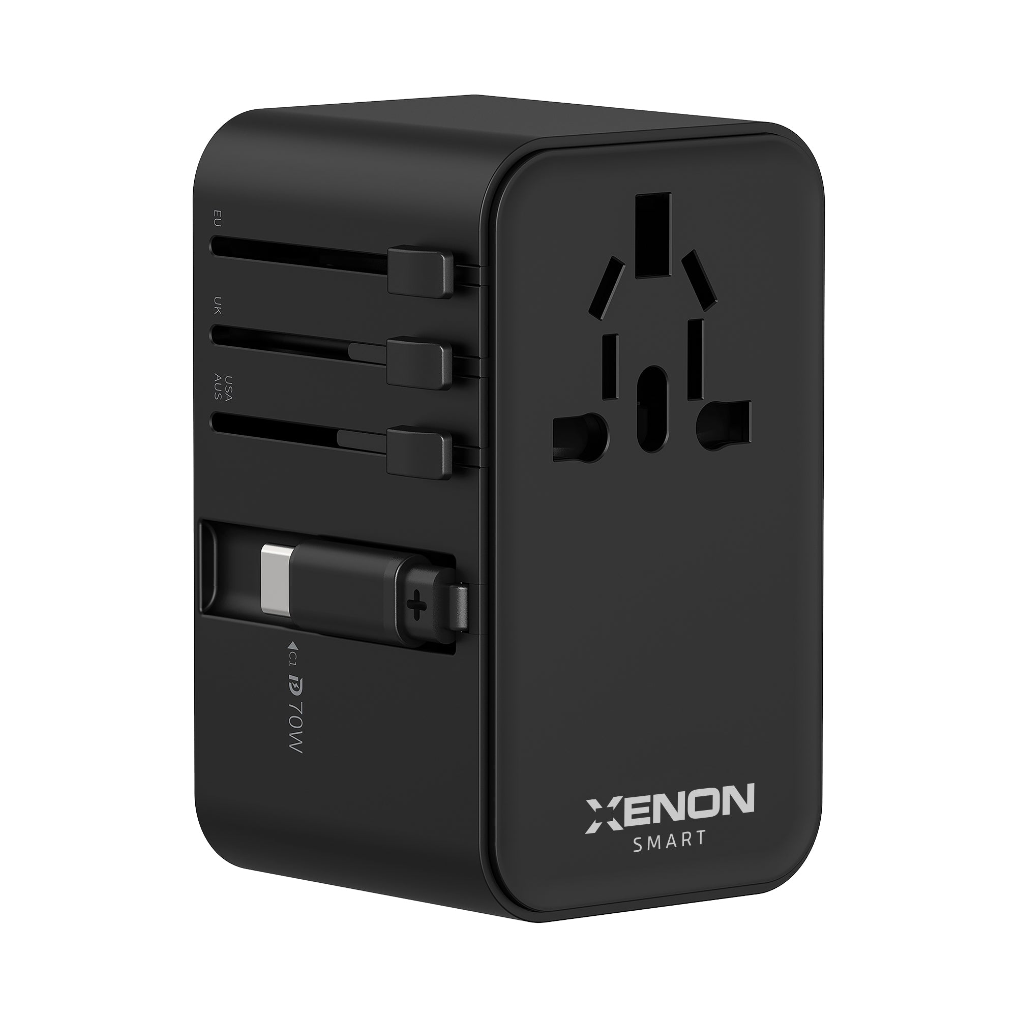 Priz Dönüştürücü | 70W GaN Hızlı Şarj, 200+ Ülke, Dahili USB-C Kablo, USB-C, 2x USB-A (X6411)