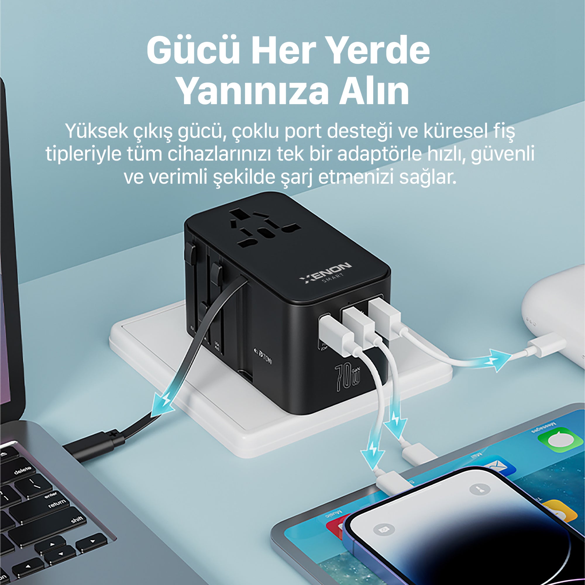 Priz Dönüştürücü | 70W GaN Hızlı Şarj, 200+ Ülke, Dahili USB-C Kablo, USB-C, 2x USB-A (X6411)