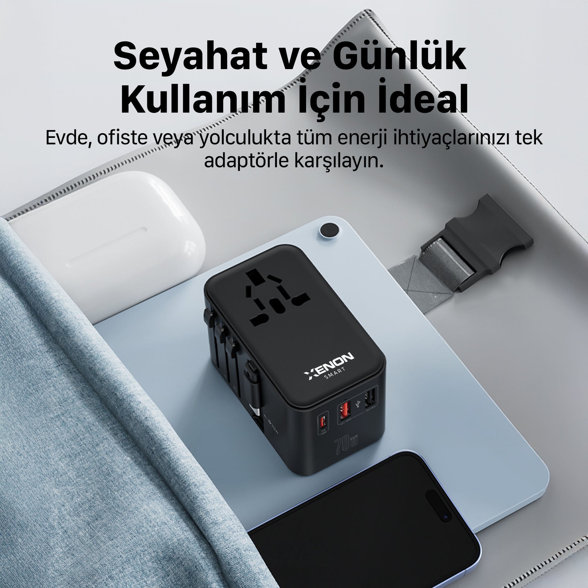 Priz Dönüştürücü | 70W GaN Hızlı Şarj, 200+ Ülke, Dahili USB-C