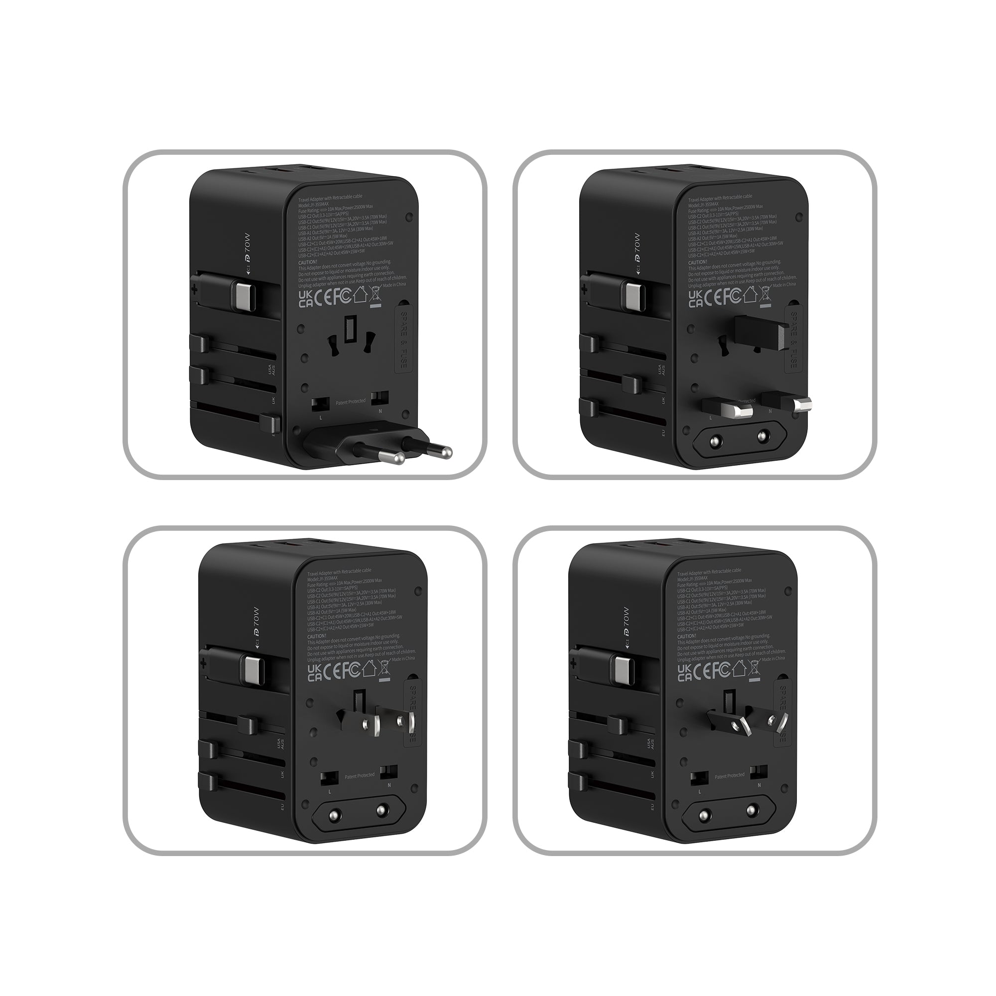 Priz Dönüştürücü | 70W GaN Hızlı Şarj, 200+ Ülke, Dahili USB-C Kablo, USB-C, 2x USB-A (X6411)