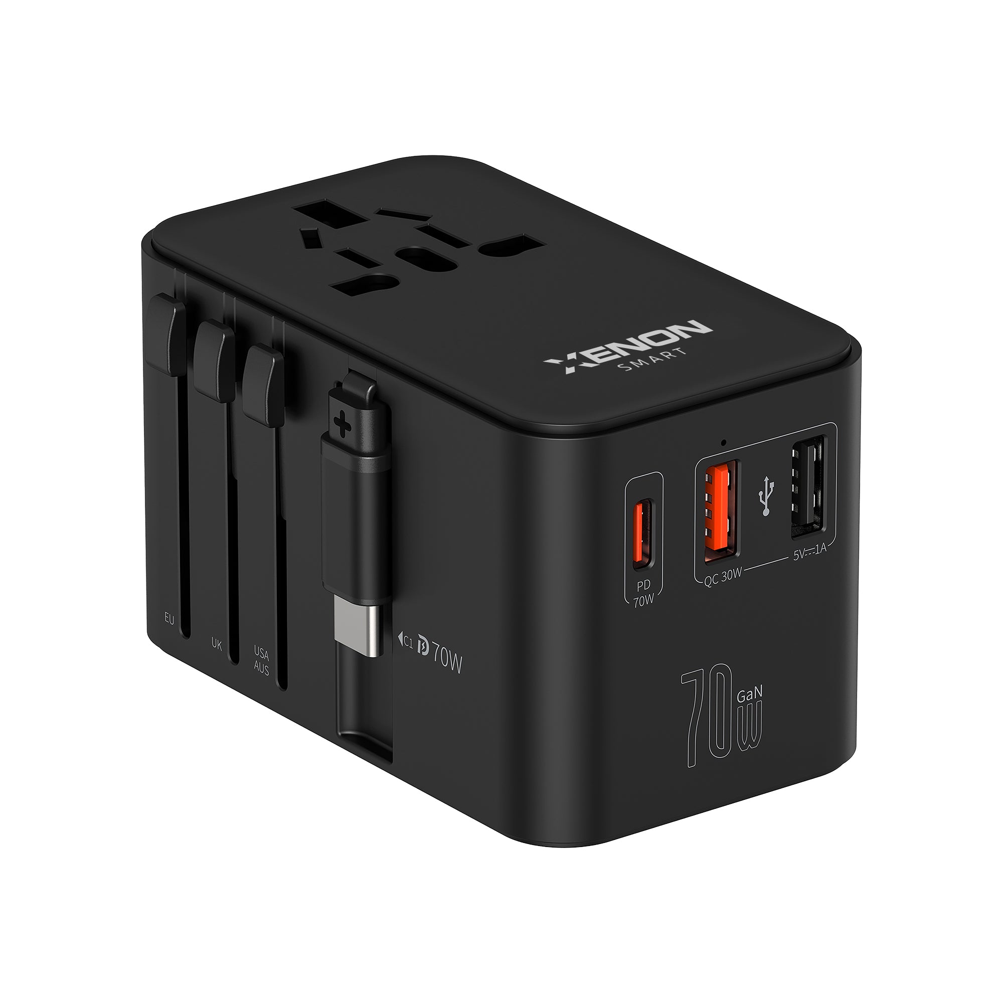 Priz Dönüştürücü | 70W GaN Hızlı Şarj, 200+ Ülke, Dahili USB-C Kablo, USB-C, 2x USB-A (X6411)