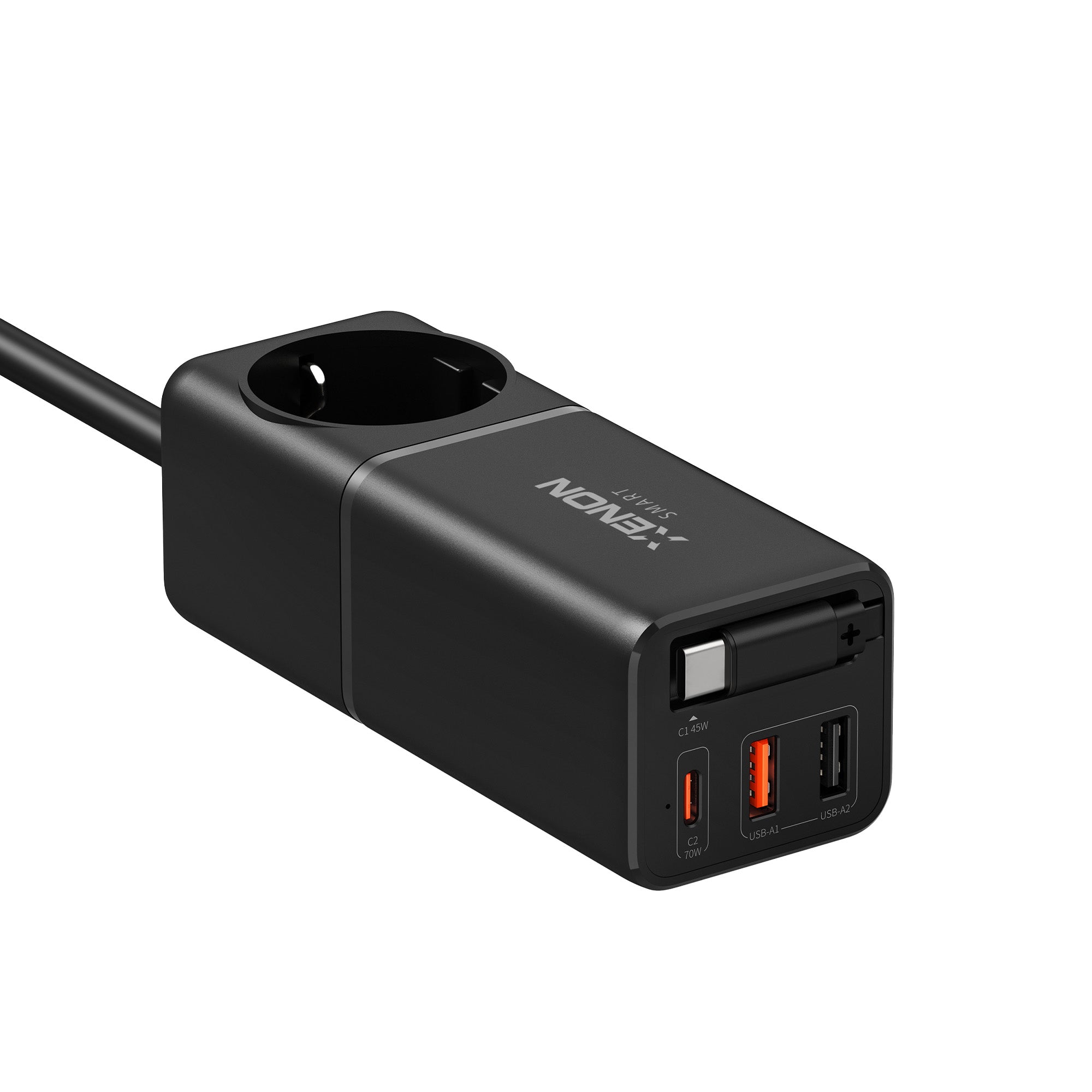 Masaüstü Priz Hızlı Şarj İstasyonu | 75W GaN, 4000W AC, Dahili USB-C Kablo, 3x USB, PD PPS (X6412)