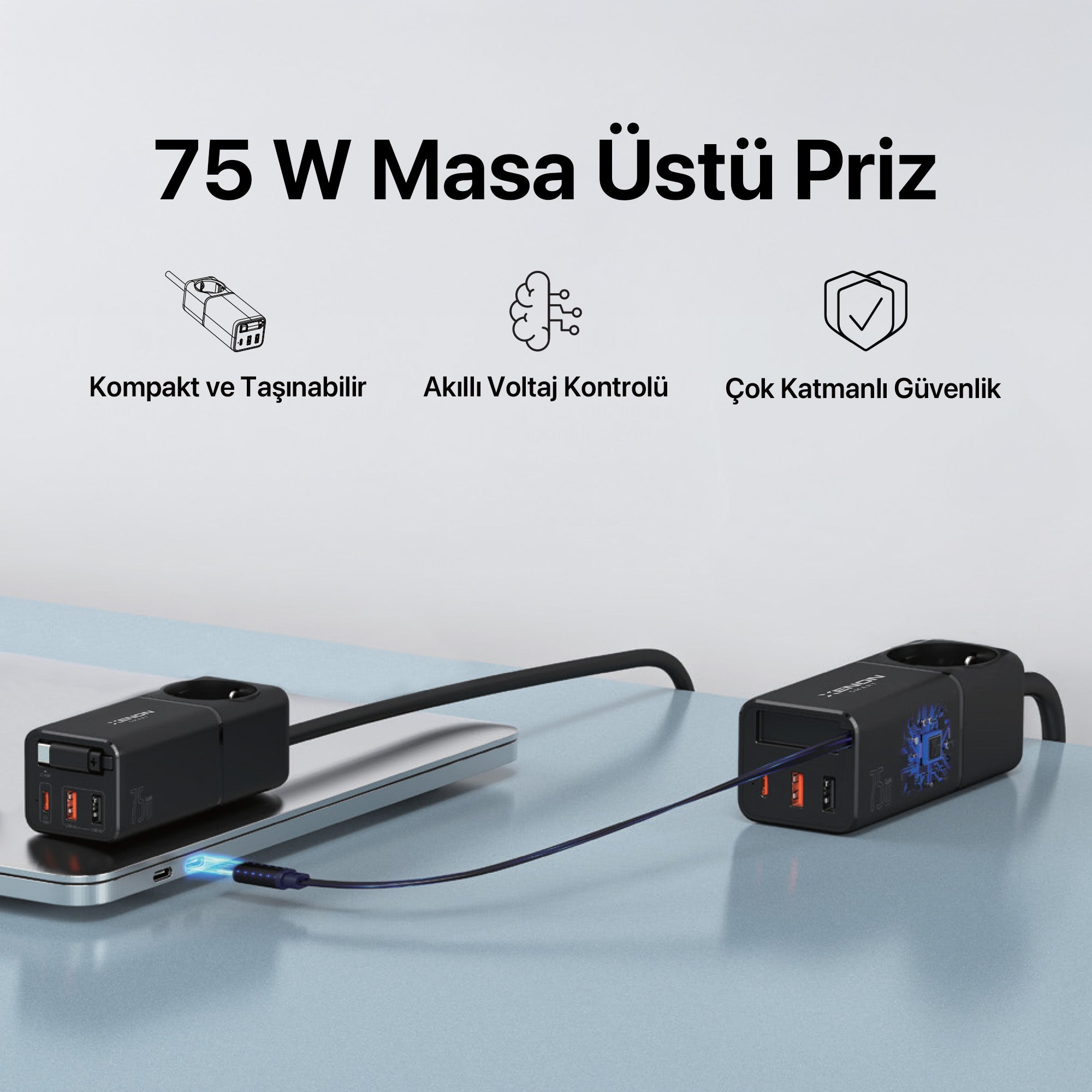 Masaüstü Priz Hızlı Şarj İstasyonu | 75W GaN, 4000W AC, Dahili USB-C Kablo, 3x USB, PD PPS (X6412)