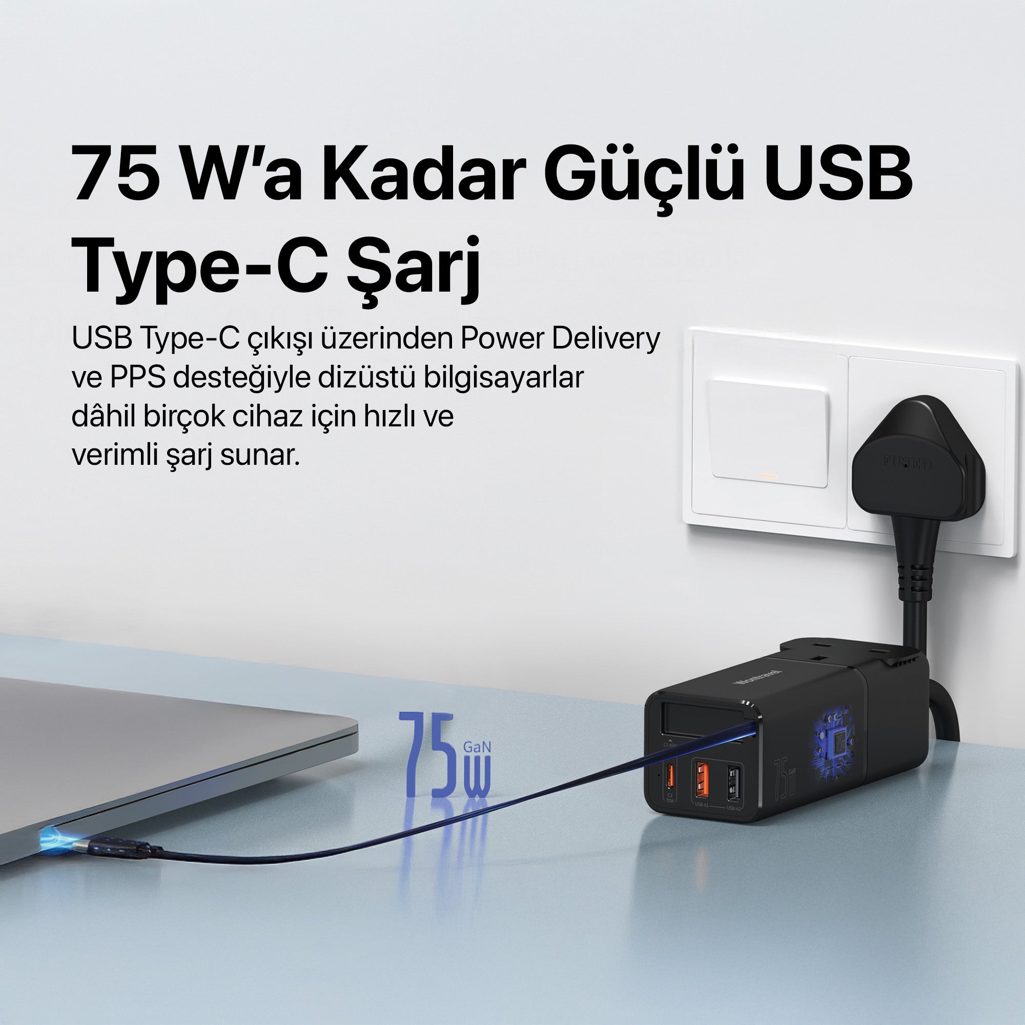 Masaüstü Priz Hızlı Şarj İstasyonu | 75W GaN, 4000W AC, Dahili USB-C Kablo, 3x USB, PD PPS (X6412)