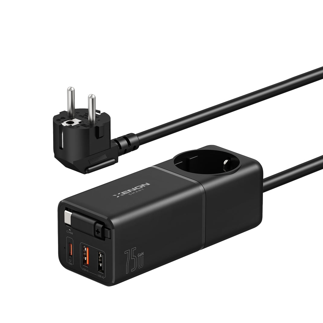 Masaüstü Priz Hızlı Şarj İstasyonu | 75W GaN, 4000W AC, Dahili USB-C Kablo, 3x USB, PD PPS (X6412)