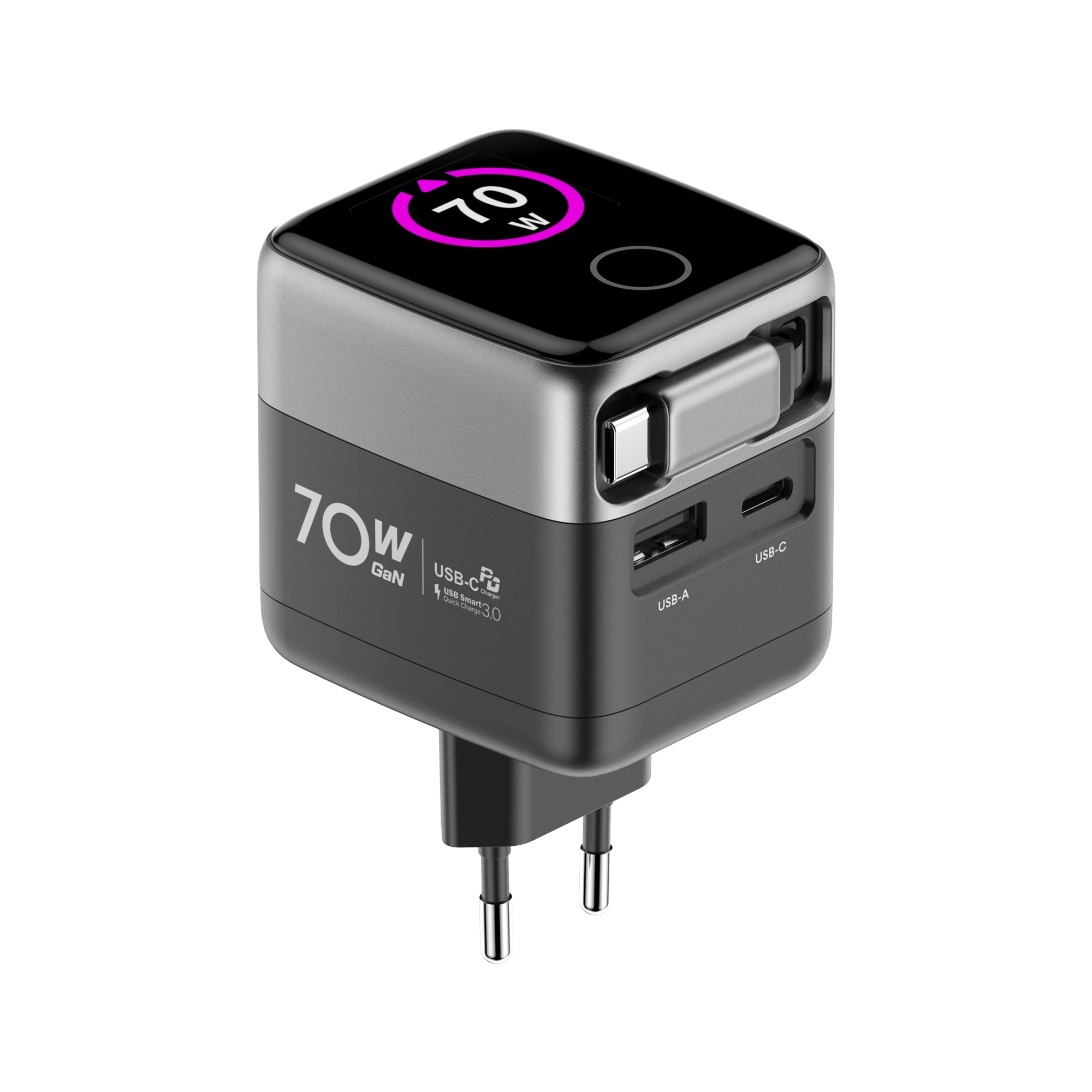 Hızlı Şarj Adaptörü | 70W, GaN, USB-C & USB-A, Dahili Type-C Kablo, PD PPS, Dijital Ekran (X6413)