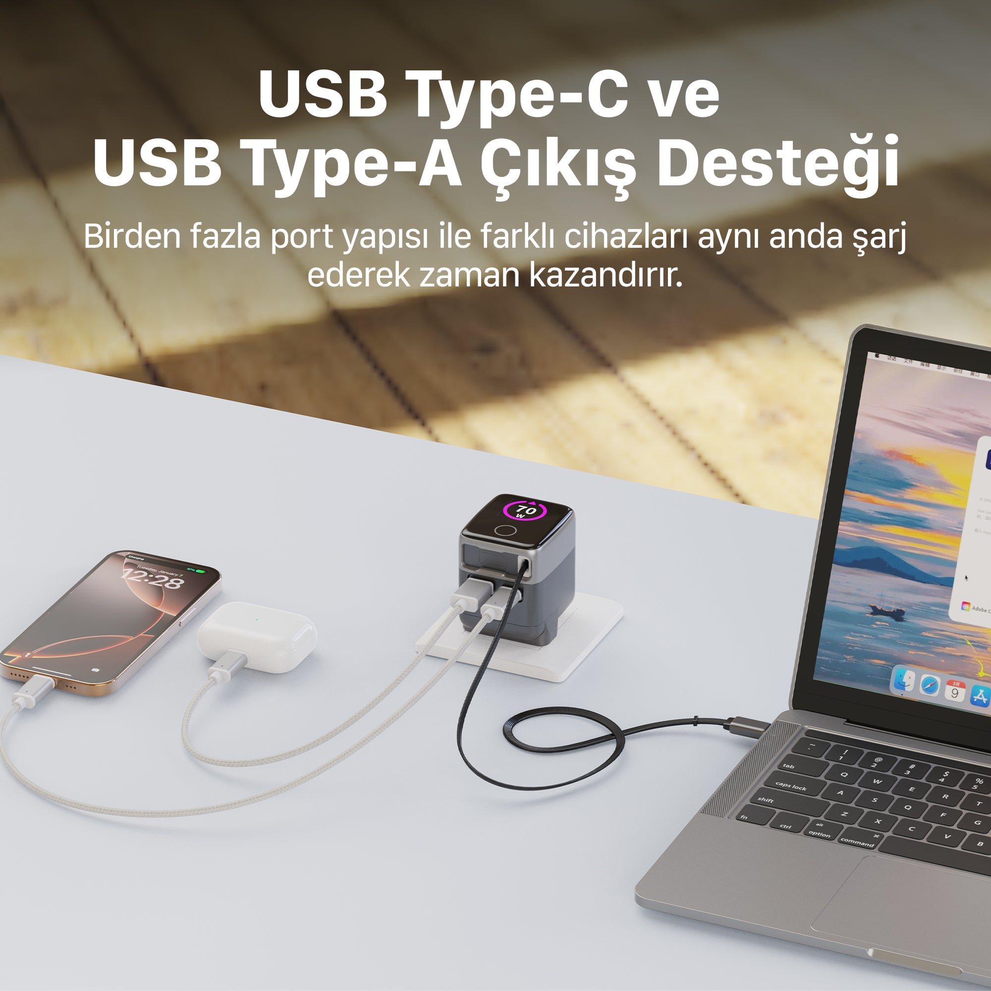 Hızlı Şarj Adaptörü | 70W, GaN, USB-C & USB-A, Dahili Type-C Kablo, PD PPS, Dijital Ekran (X6413)