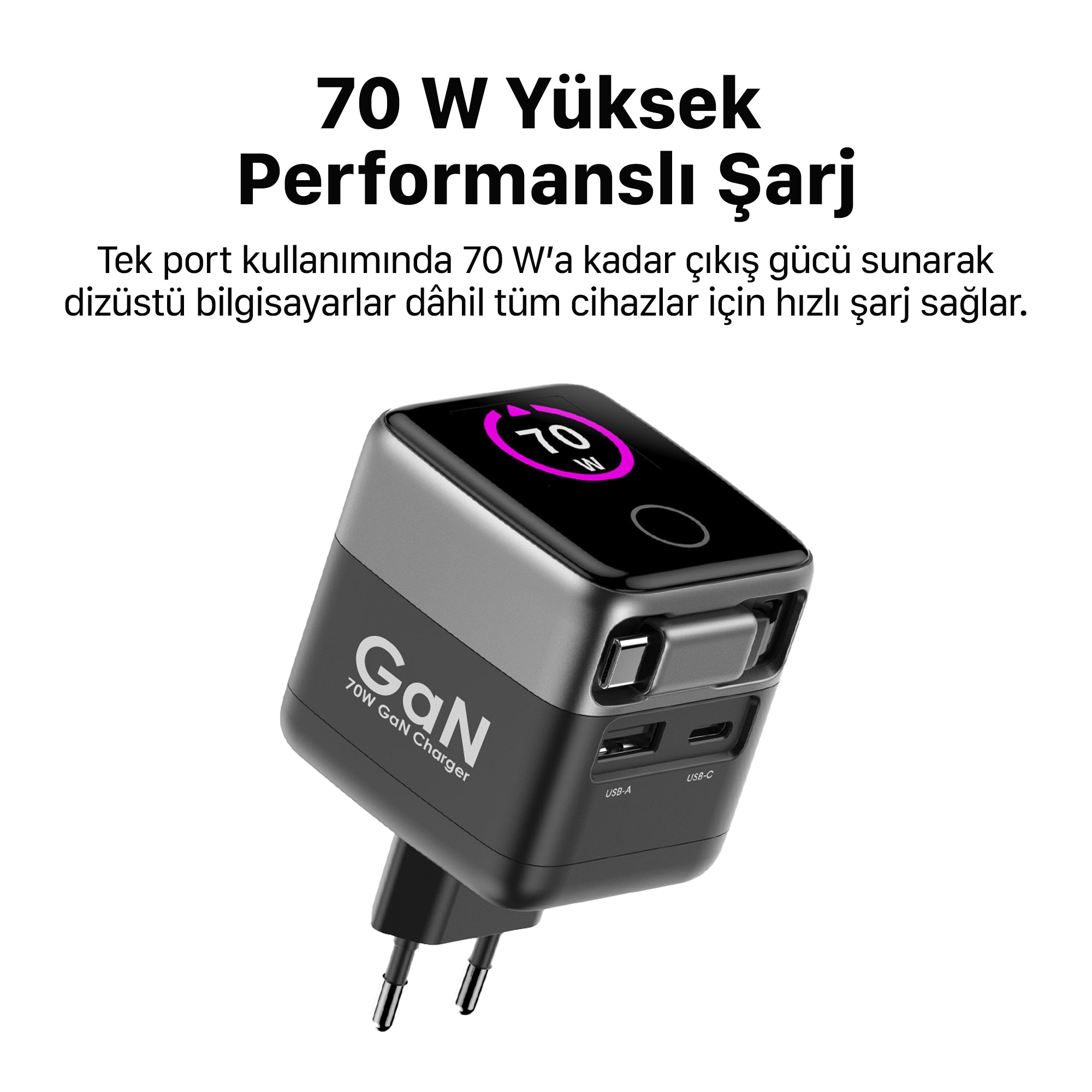 Hızlı Şarj Adaptörü | 70W, GaN, USB-C & USB-A, Dahili Type-C Kablo, PD PPS, Dijital Ekran (X6413)