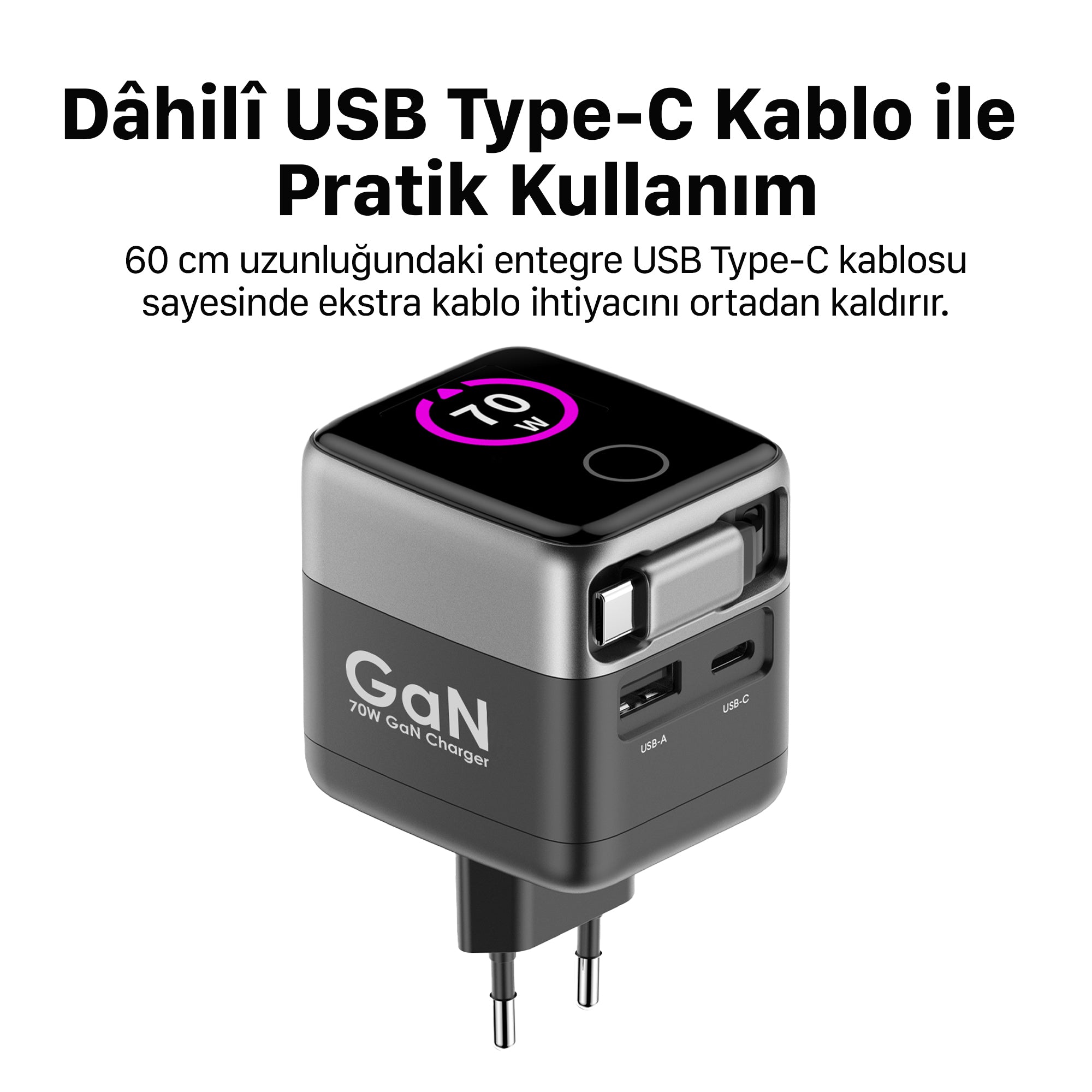 Hızlı Şarj Adaptörü | 70W, GaN, USB-C & USB-A, Dahili Type-C Kablo, PD PPS, Dijital Ekran (X6413)