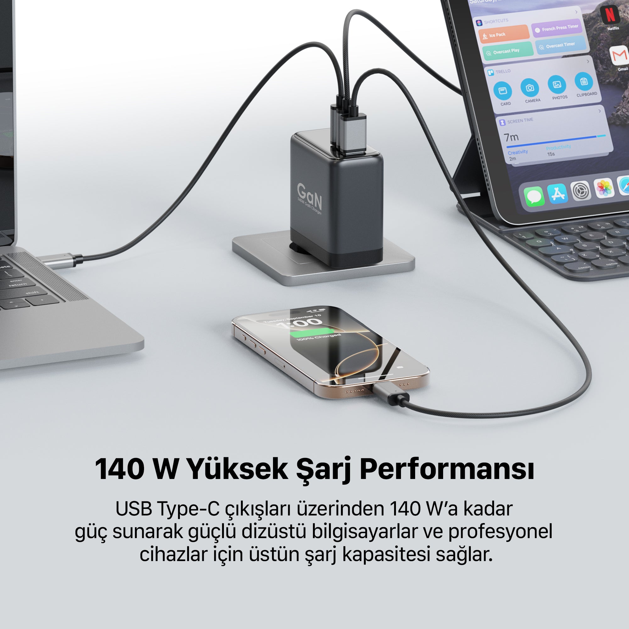 Hızlı Şarj Adaptörü | 140W GaN, 2x USB-C & USB-A Çıkışı, PD PPS, Dijital Ekran (X6415)