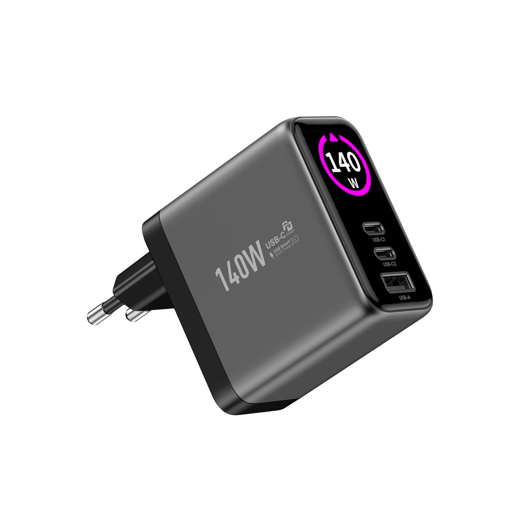 Hızlı Şarj Adaptörü | 140W GaN, 2x USB-C & USB-A Çıkışı, PD PPS, Dijital Ekran (X6415)