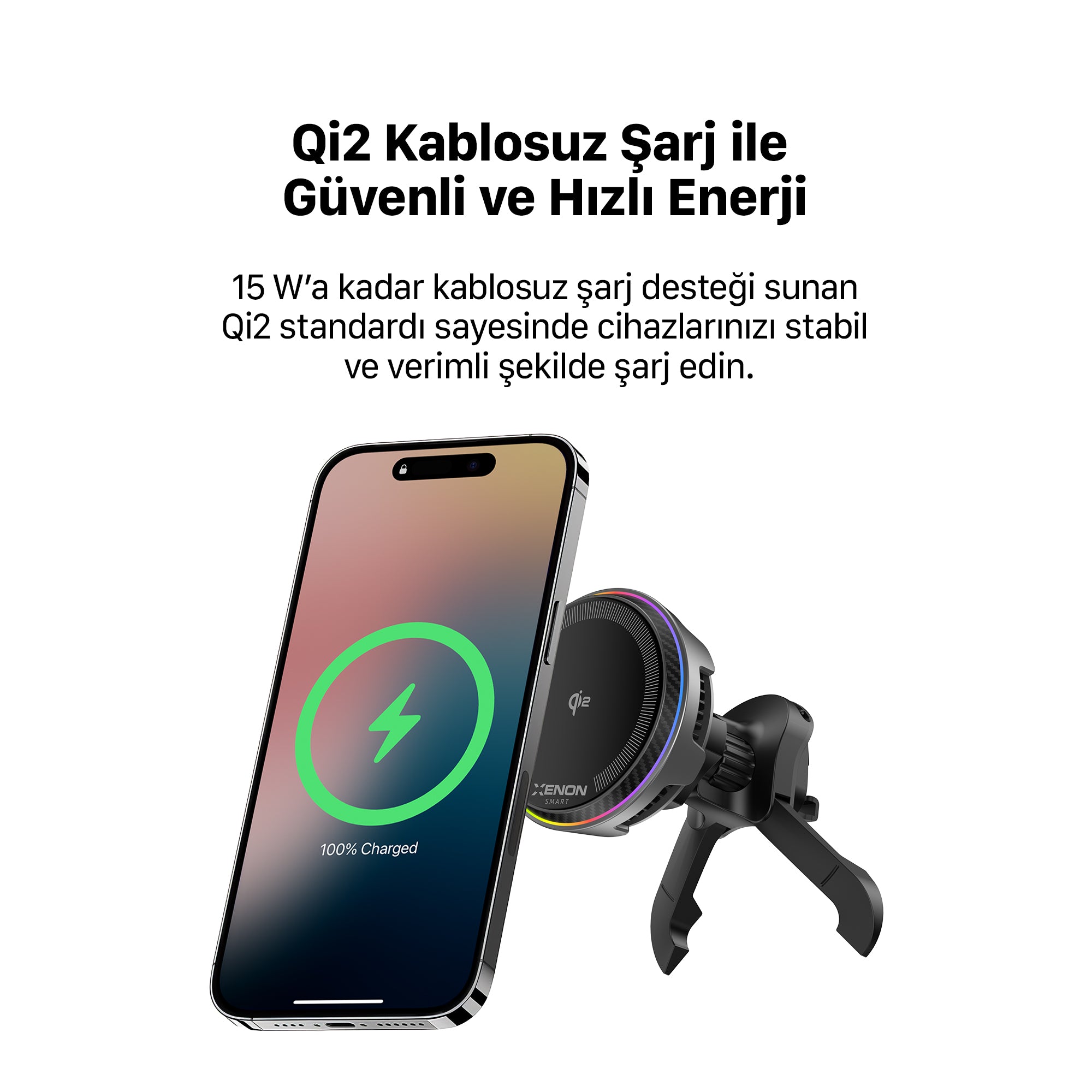 Qi2 Kablosuz Araç Şarjı ve Tutucu | 15W, Aktif Soğutma Fanı, 48W Hızlı Şarj Adaptörü, 360° (X6416)