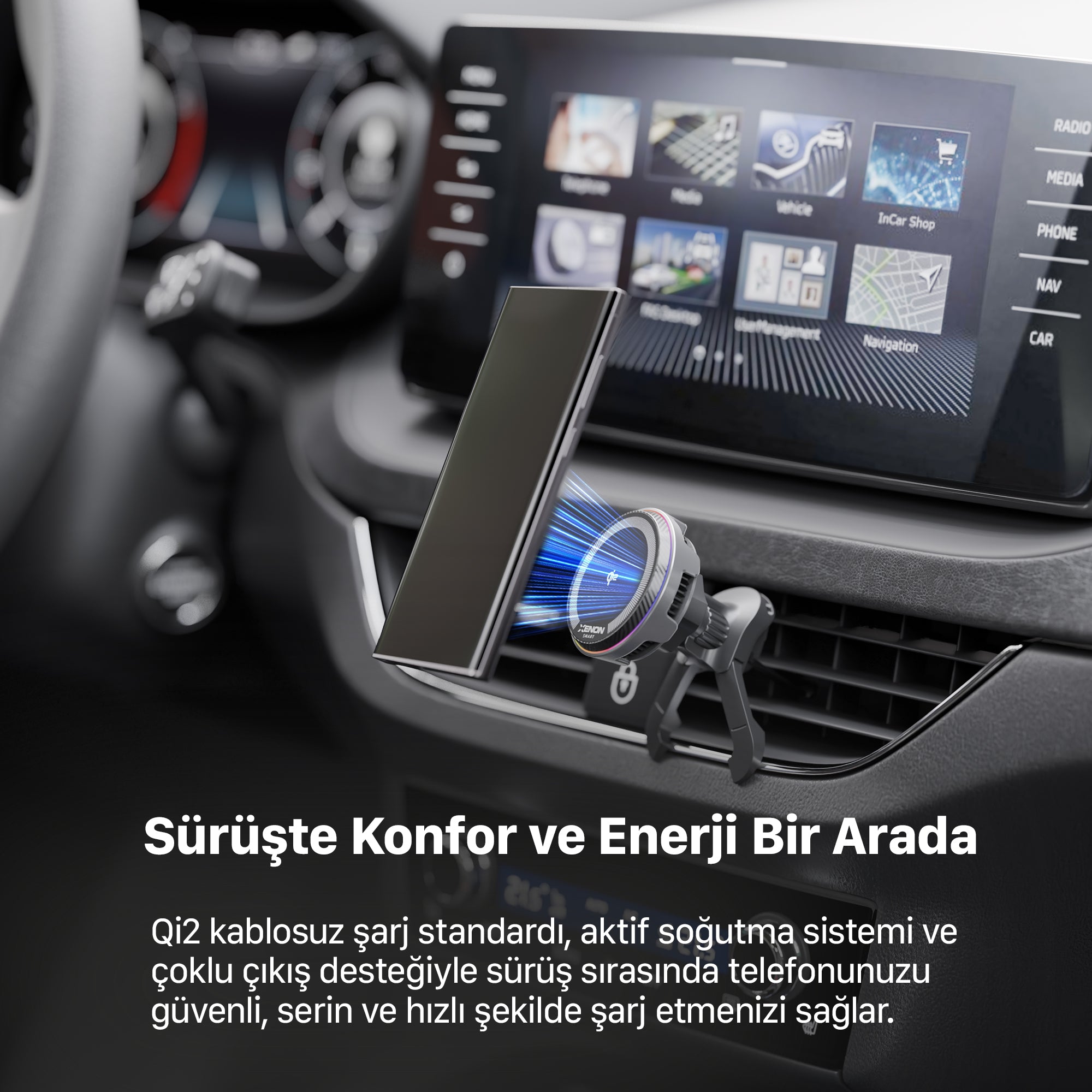 Qi2 Kablosuz Araç Şarjı ve Tutucu | 15W, Aktif Soğutma Fanı, 48W Hızlı Şarj Adaptörü, 360° (X6416)